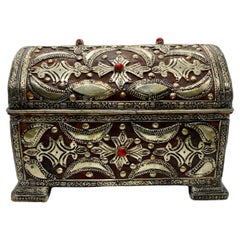 Antique French Gothic Style Jewelry Box or Chest with Bronze Inlay & Leather 