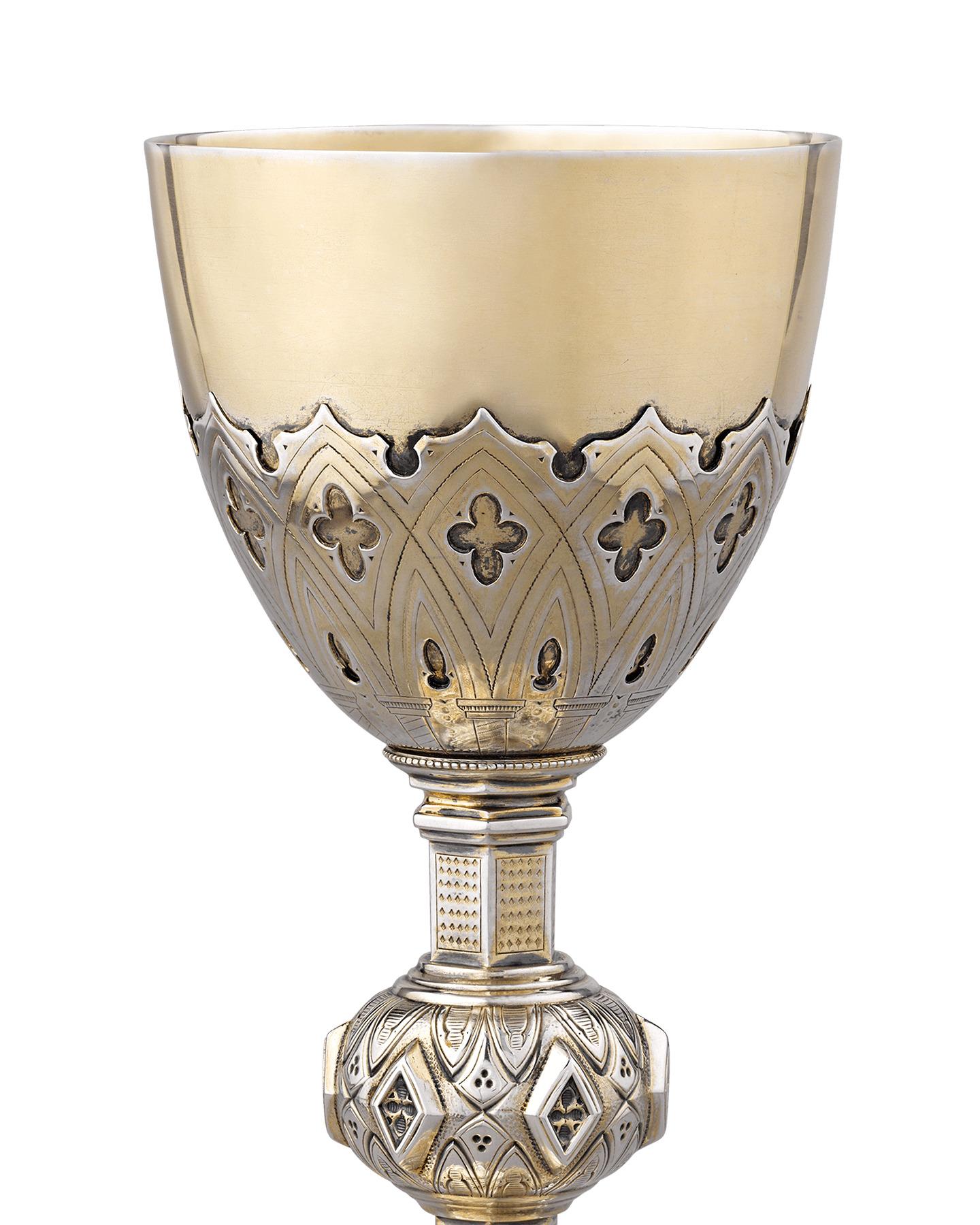 Perhaps the most beautiful examples of silver were those created for ecclesiastical purposes, and this silver gilt chalice is an extraordinary example of the art. Beautifully conceived, the chalice features a Gothic-style motif featuring crosses,