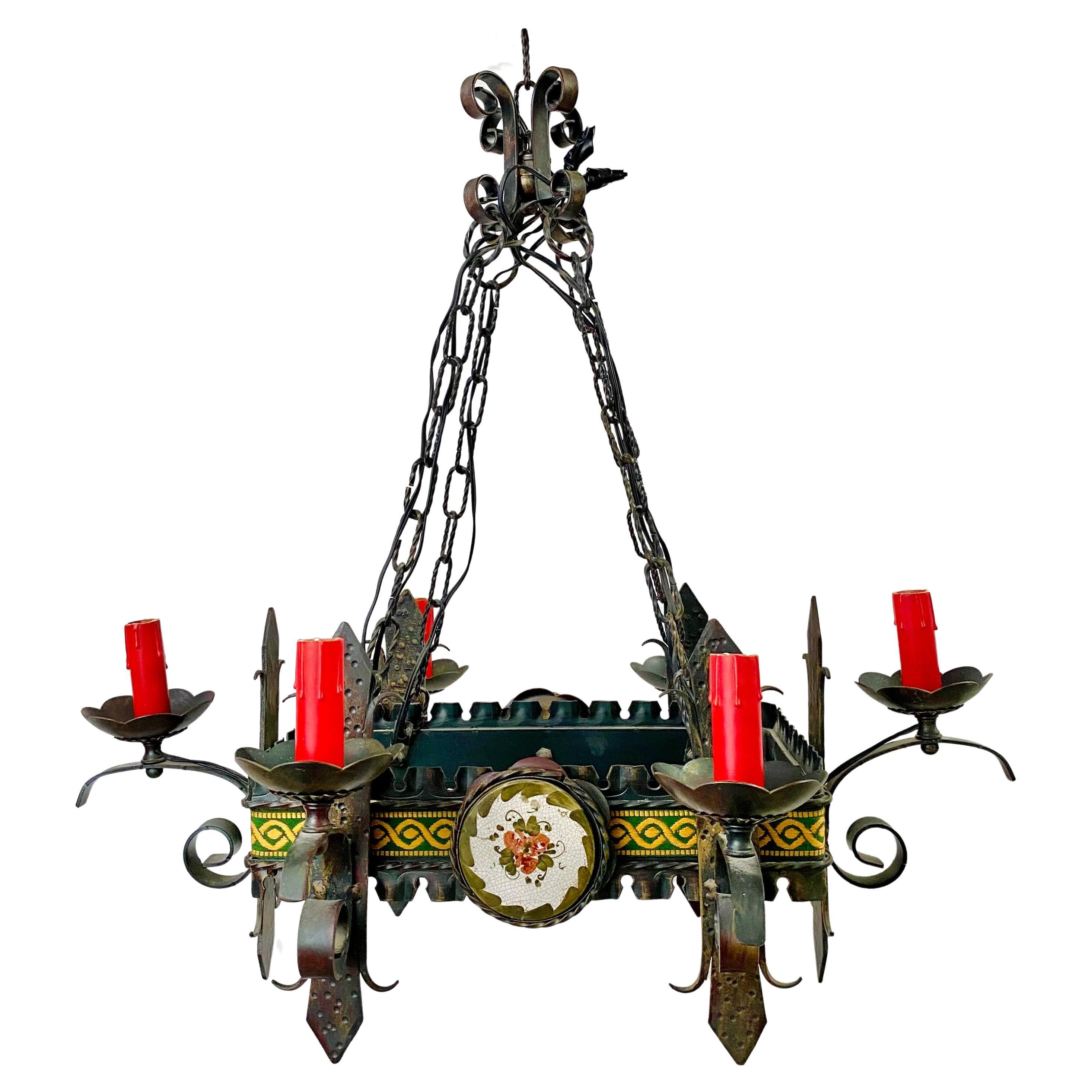 French Gothic Style Wrought Iron 6 Arms Rectangular Chandelier or Pendant