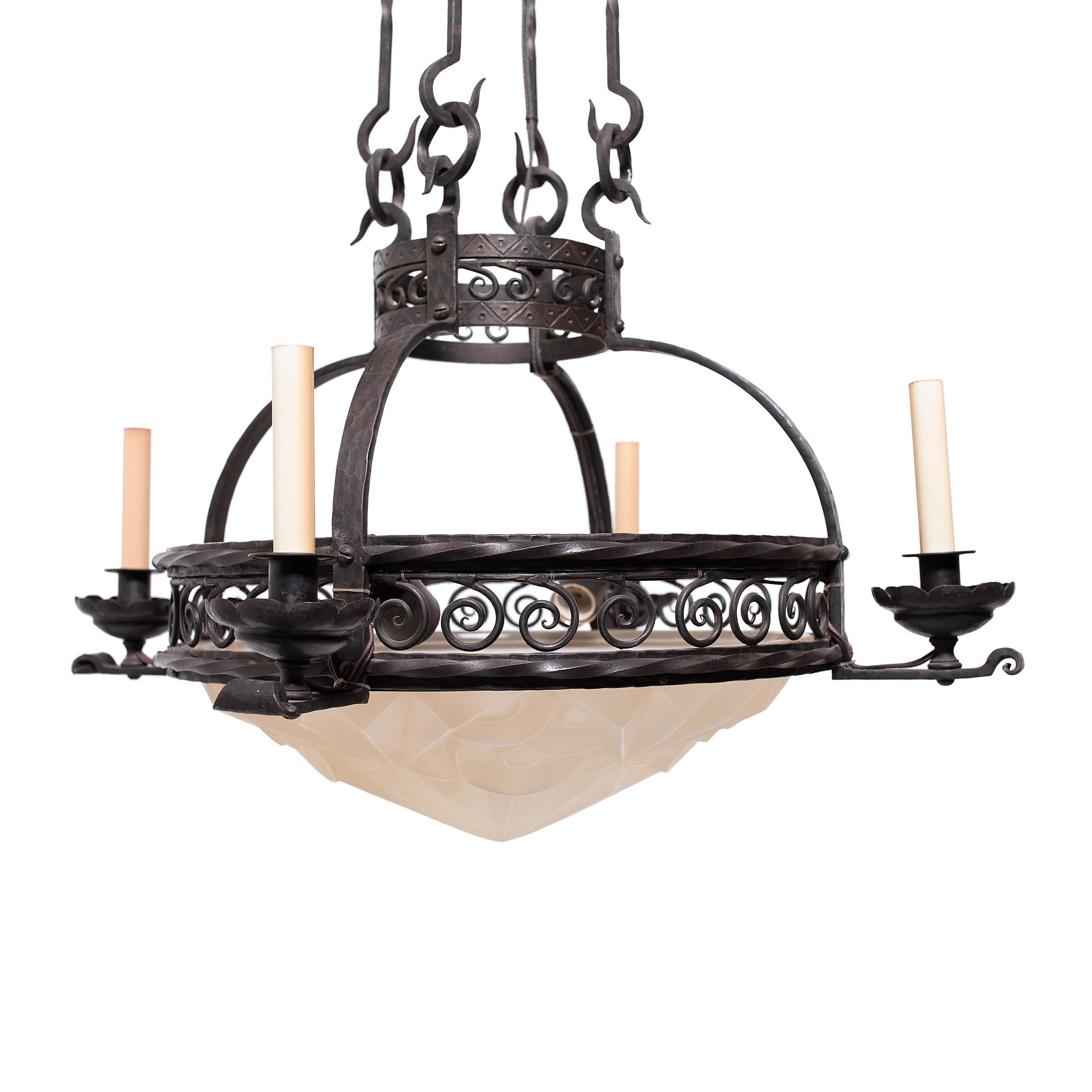 French Gothic Wrought Iron Chandelier, c. 1930 In Good Condition For Sale In Chicago, IL