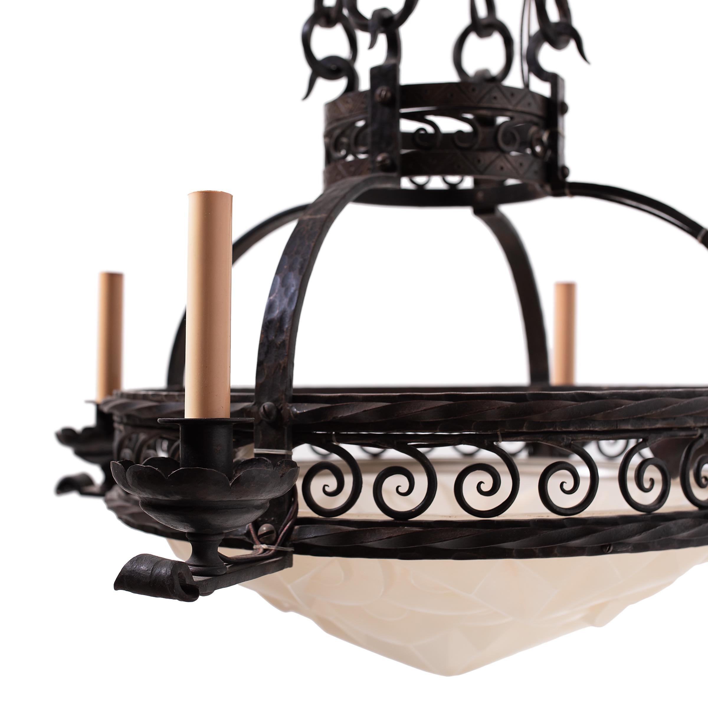 Glass French Gothic Wrought Iron Chandelier, c. 1930 For Sale