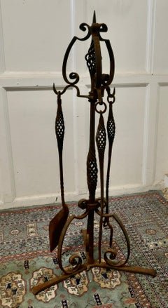 French Gothic Wrought Iron Manor House Fire Tool Companion Set