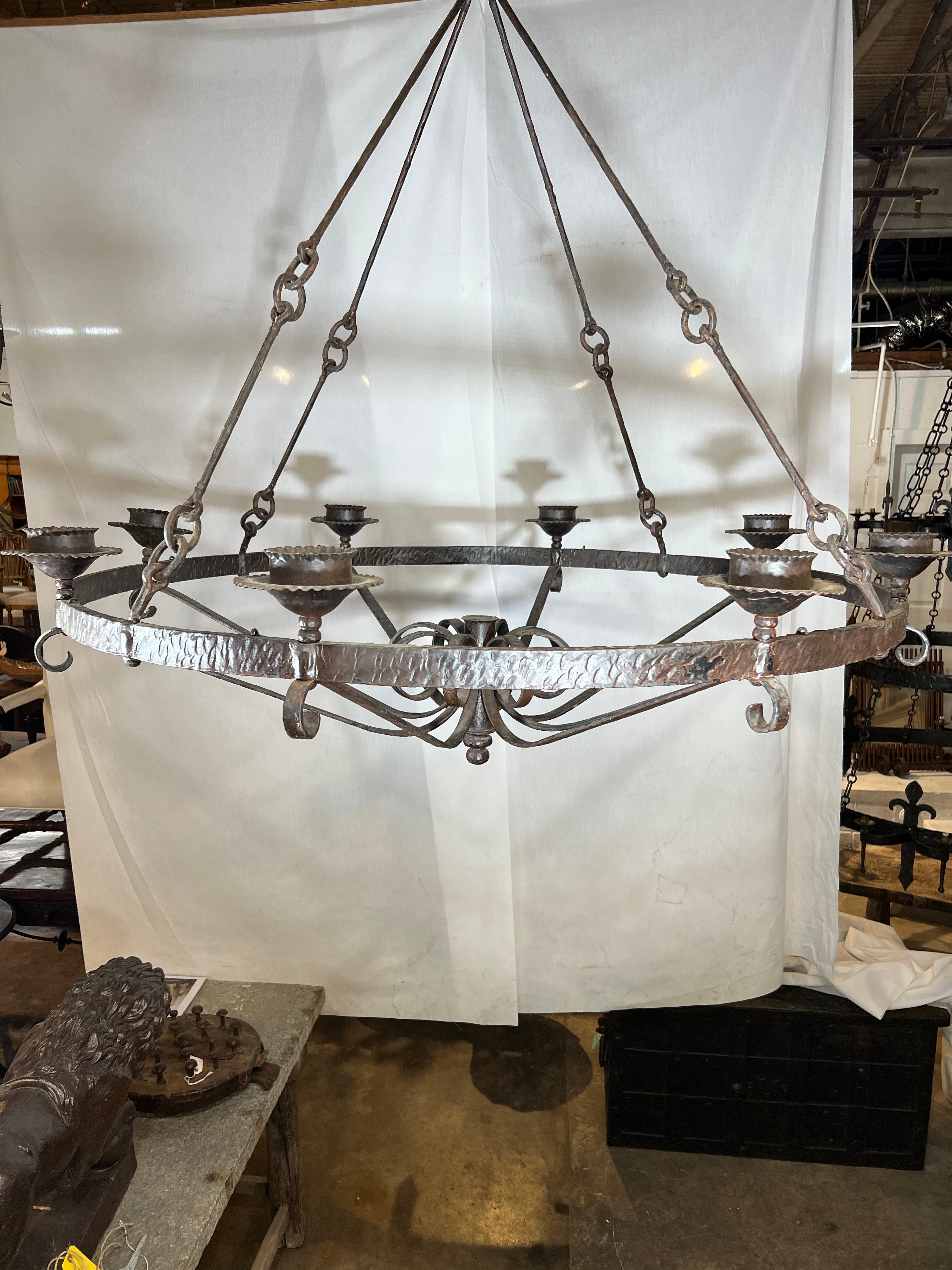 Forged French Grand Scale Iron Chandelier For Sale