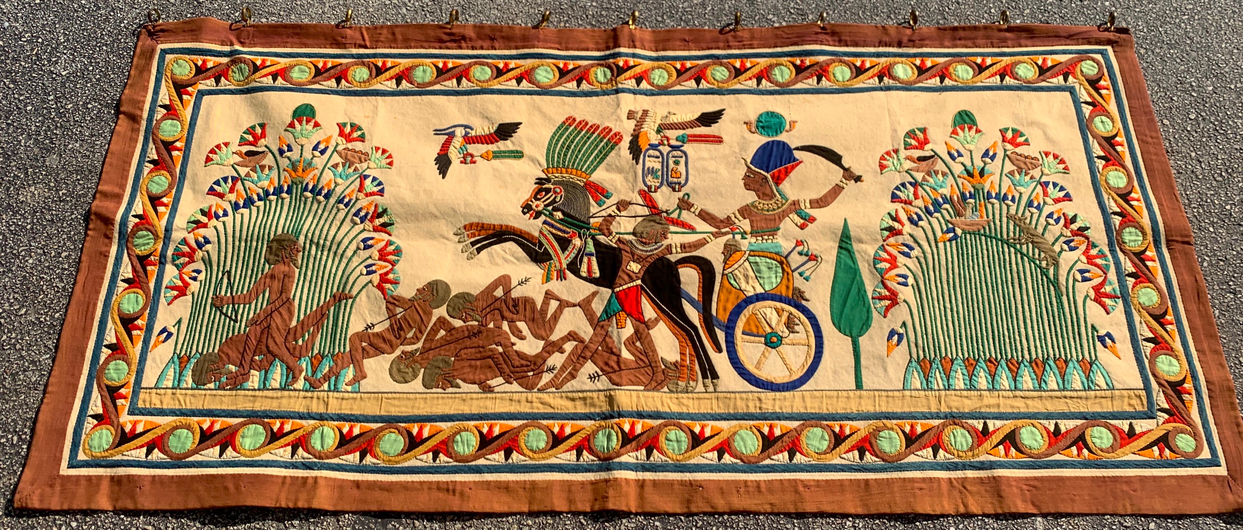 French Grand Tour Egyptian Tomb Tapestry, circa 1925
Intricate and well executed, in vibrant vegetable dyed cotton appliques.
Depicting Egyptian Figures, gods, hieroglyphics in landscape.