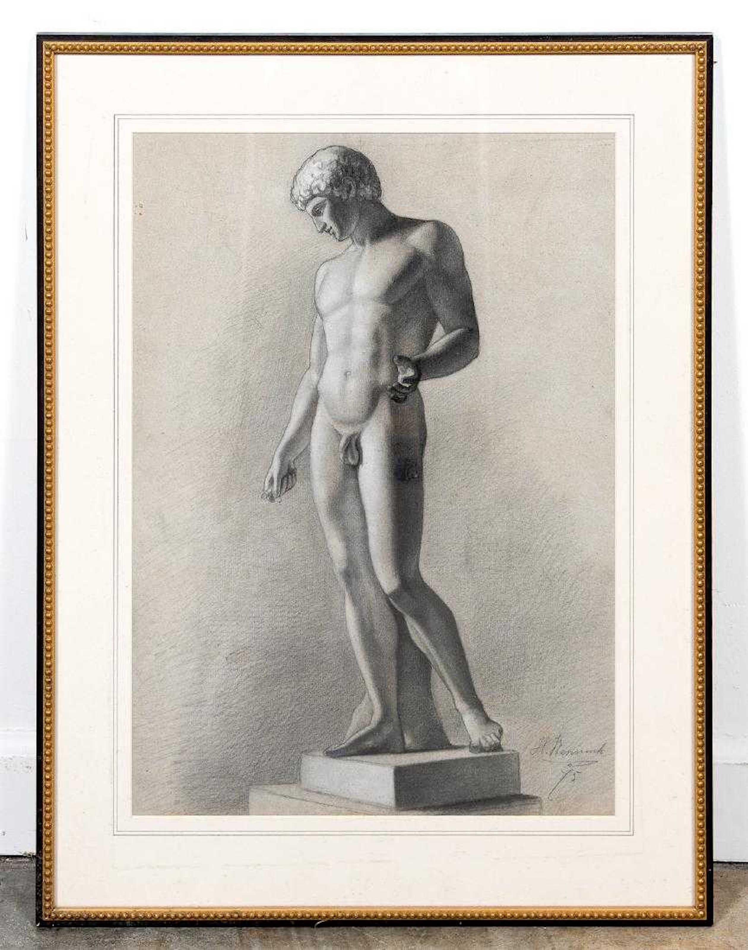 French grand tour study drawing of an Roman antiquity sculpture of a male youth, Conte Crayon, Signed 