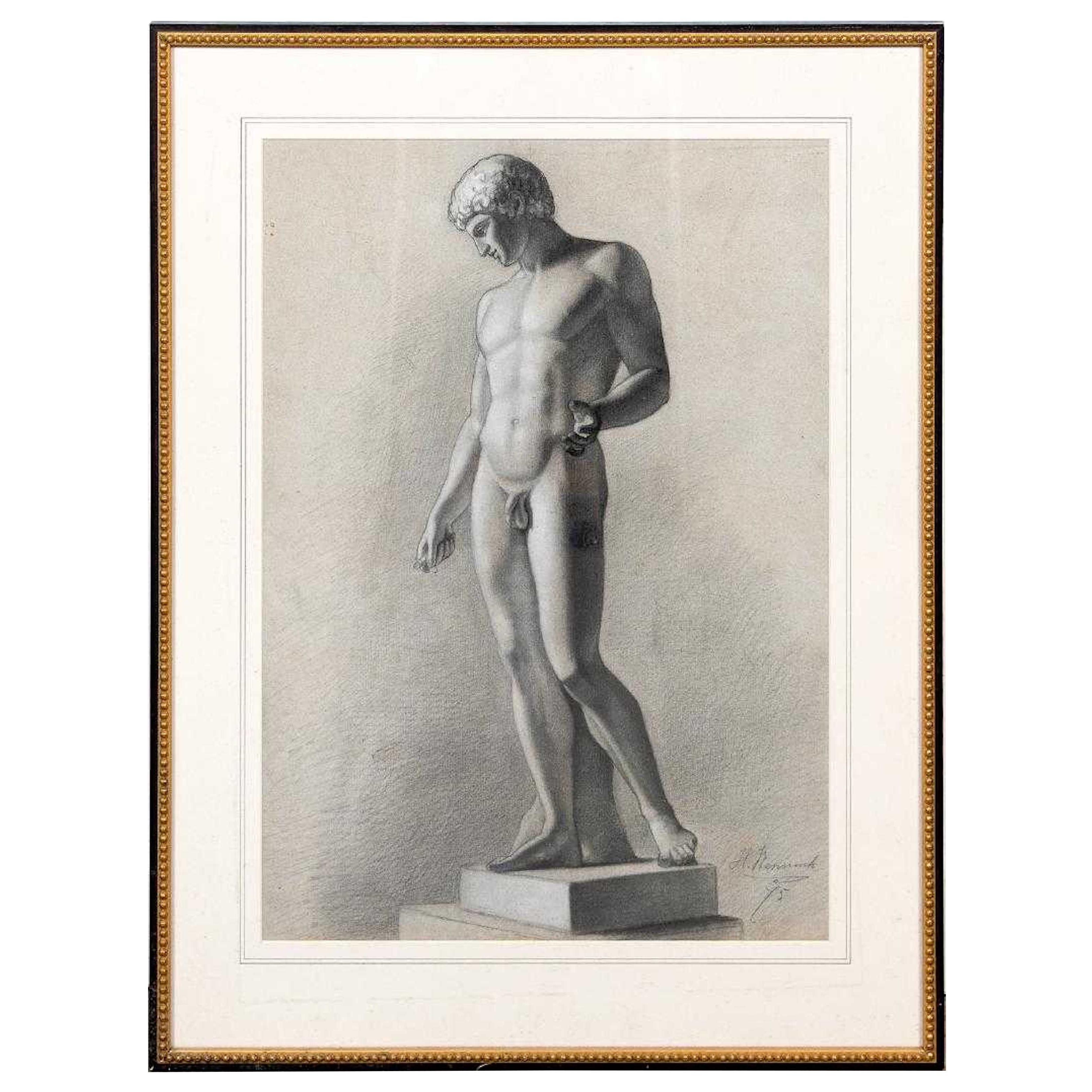 French Grand Tour Study Drawing of an Roman Antiquity Sculpture of a Youth For Sale
