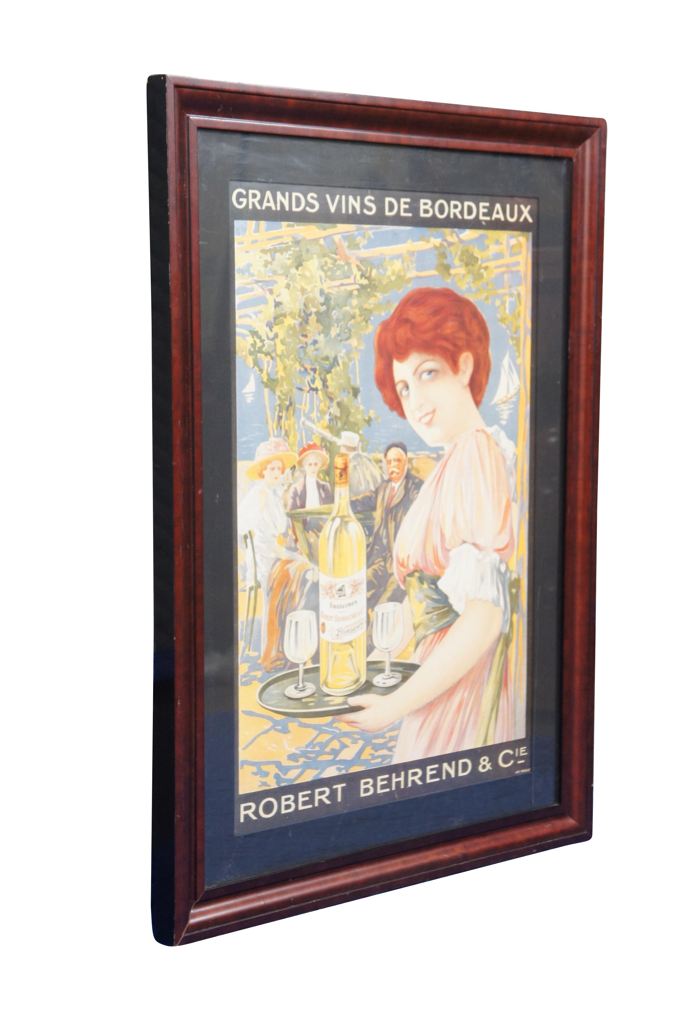 Vintage framed poster advertising Robert Behrend & Cie Sauternes Bordeaux wine. Originally drawn by David Dellepiane (1866-1932) and lithographed by Moullot, Marseille circa 1900. Beveled mahogany frame; navy blue mat.

Dimensions:
24.75