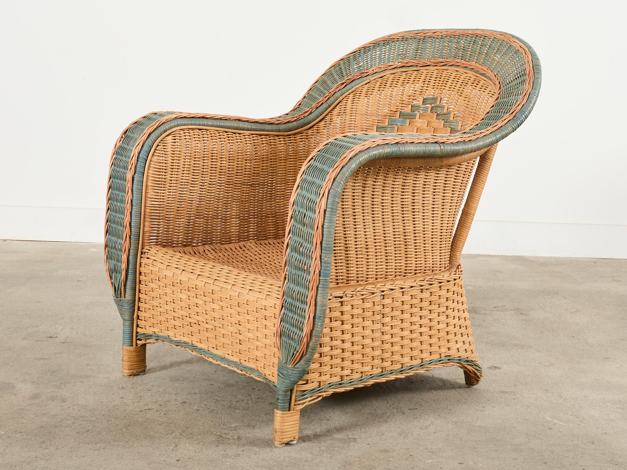 French Grange Style Rattan Wicker Lounge Chair and Ottoman For Sale 2