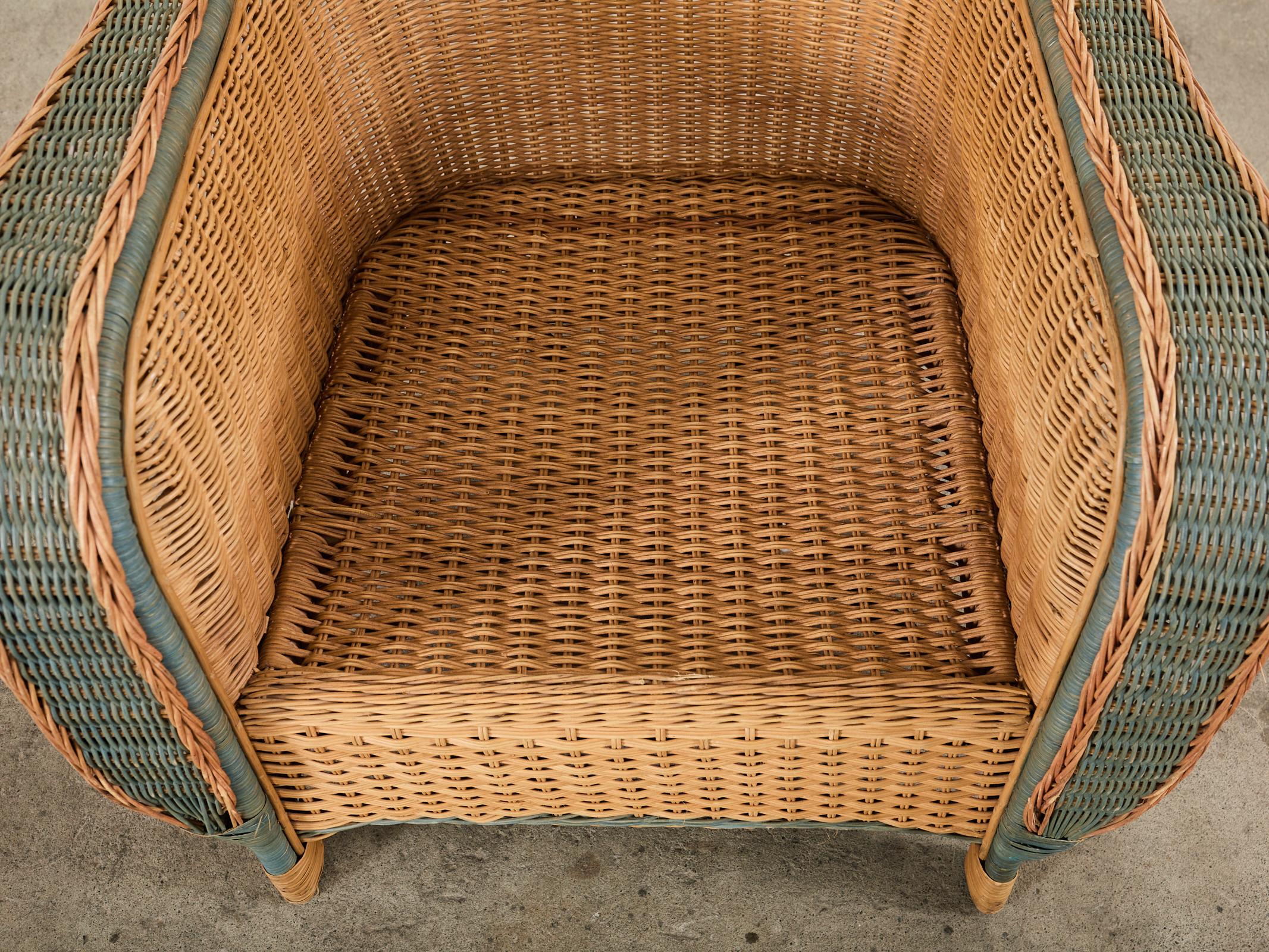French Grange Style Rattan Wicker Lounge Chair and Ottoman For Sale 4