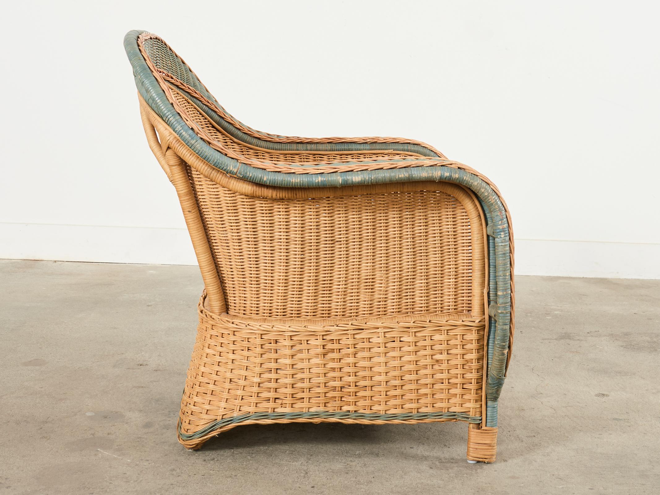 French Grange Style Rattan Wicker Lounge Chair and Ottoman For Sale 5