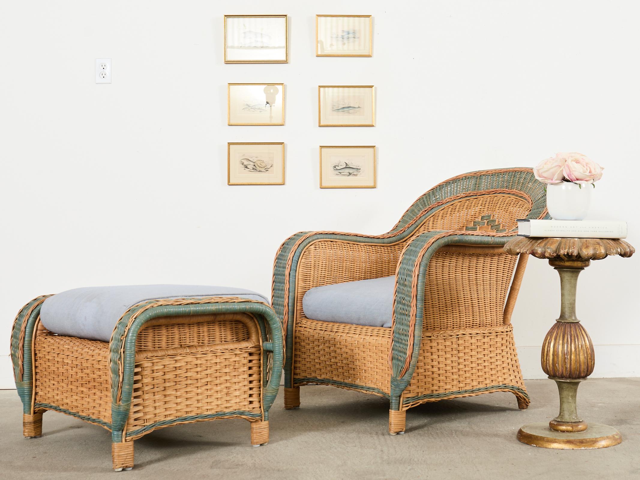 Organic modern French rattan and wicker lounge chair with ottoman made in the style and manner of Grange. The pair feature large rattan frames with gracefully curved back and sides having wide arm rests. The frames are covered with woven rattan