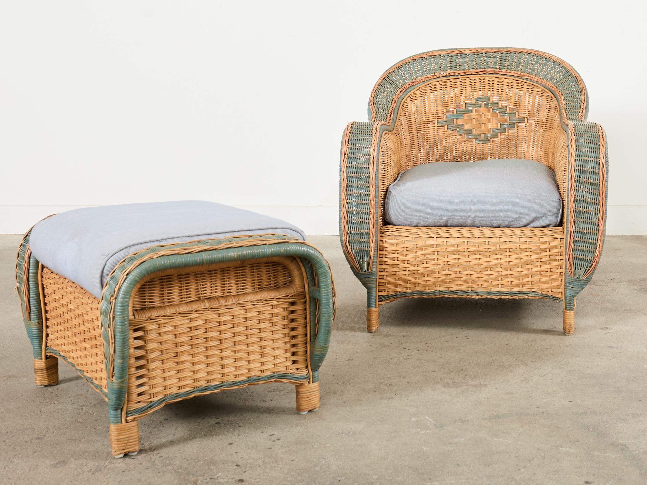 French Grange Style Rattan Wicker Lounge Chair and Ottoman For Sale 12