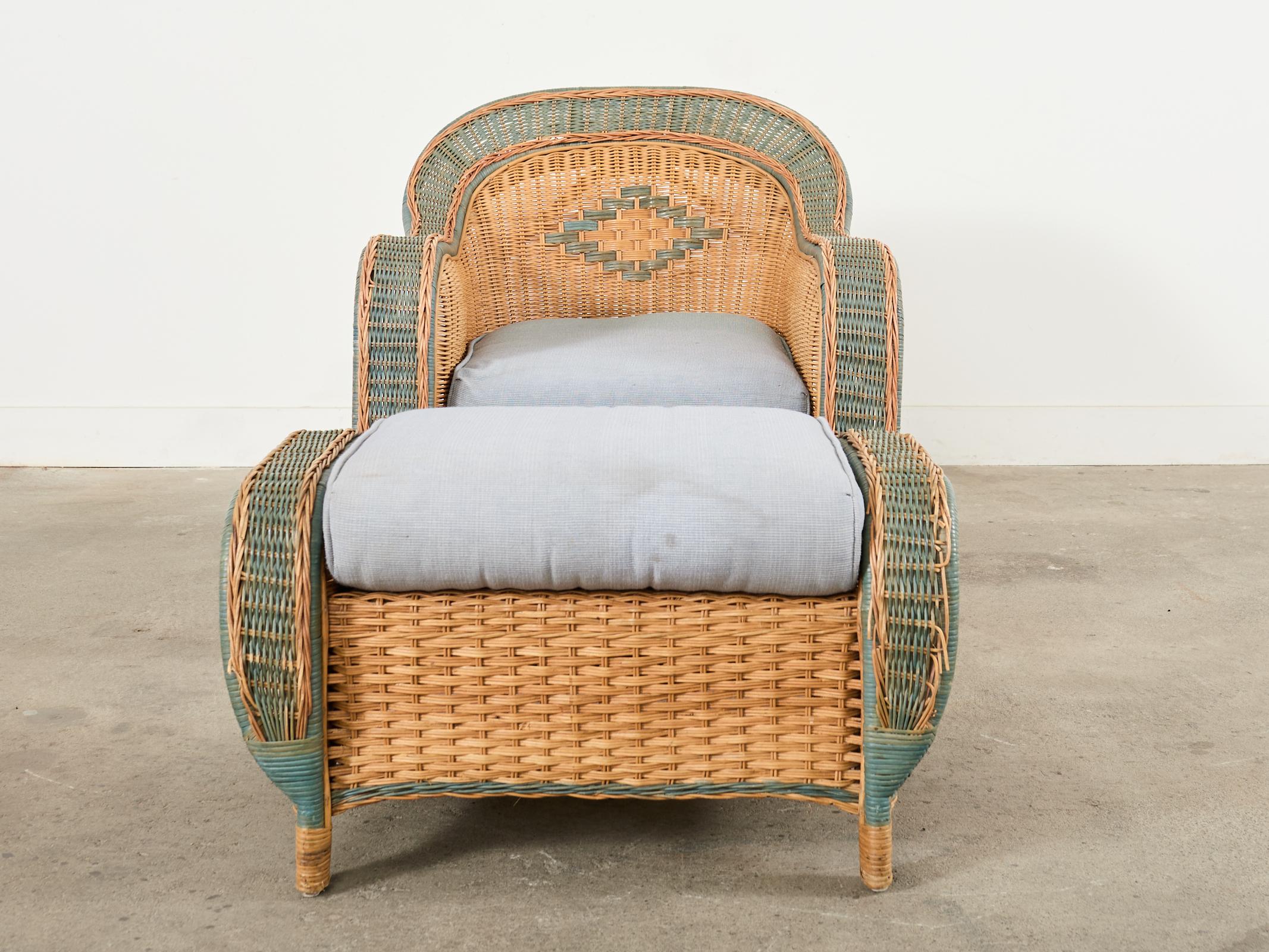 Organic Modern French Grange Style Rattan Wicker Lounge Chair and Ottoman For Sale