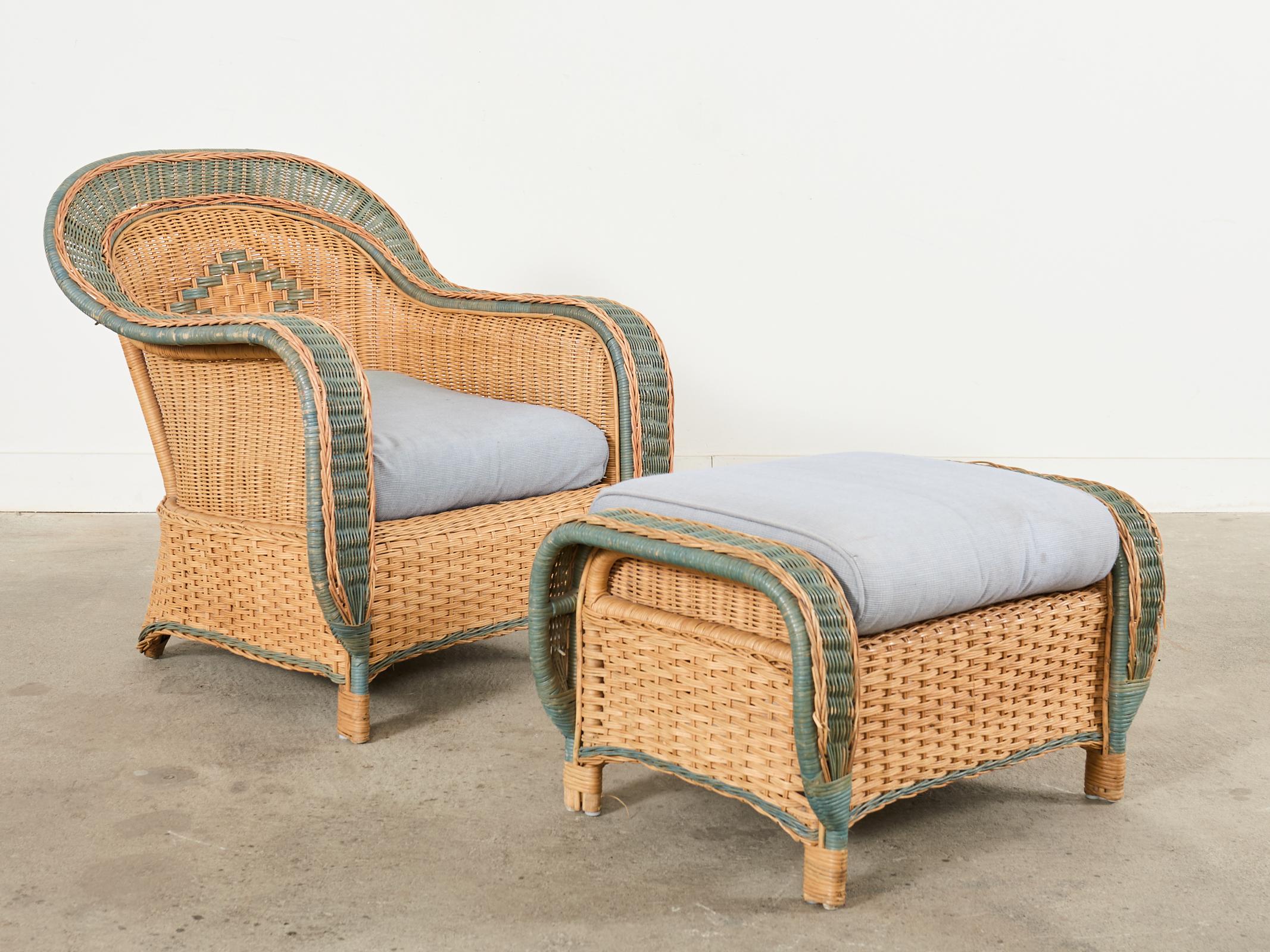 Organic Modern French Grange Style Rattan Wicker Lounge Chair and Ottoman For Sale