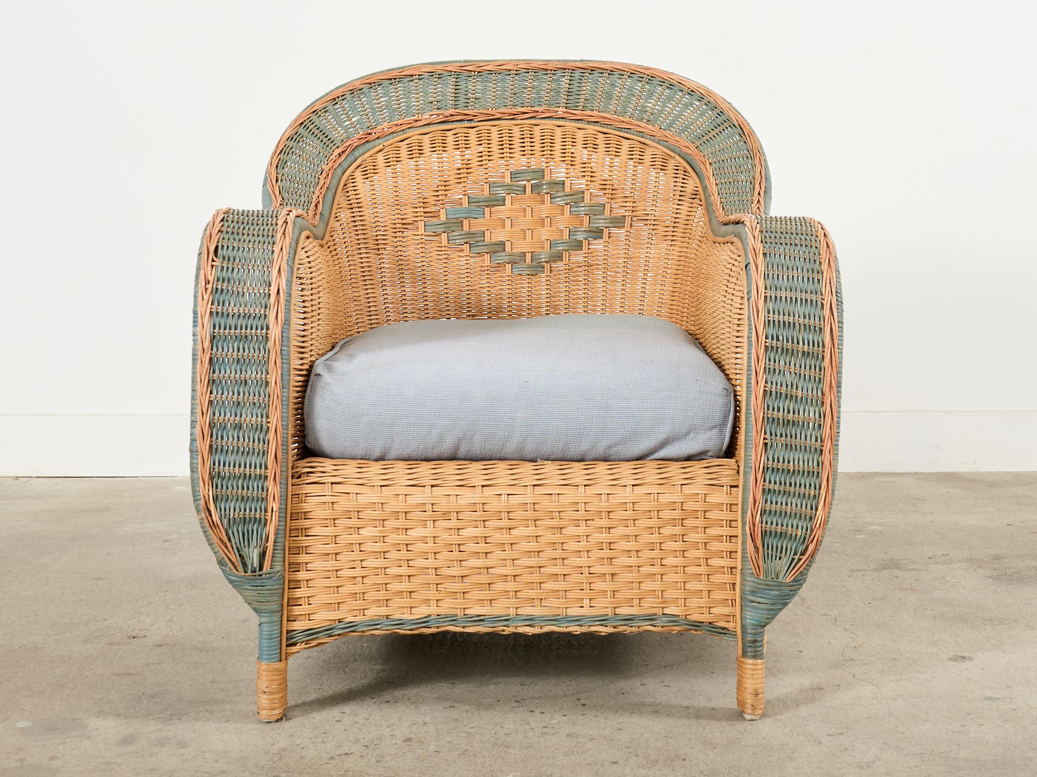 Hand-Crafted French Grange Style Rattan Wicker Lounge Chair and Ottoman For Sale