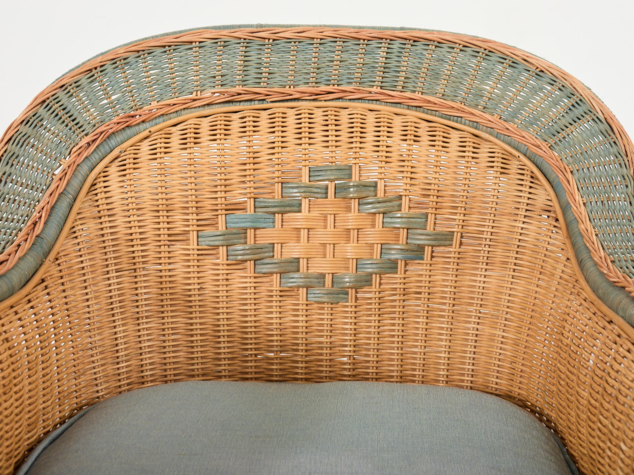 20th Century French Grange Style Rattan Wicker Lounge Chair and Ottoman For Sale