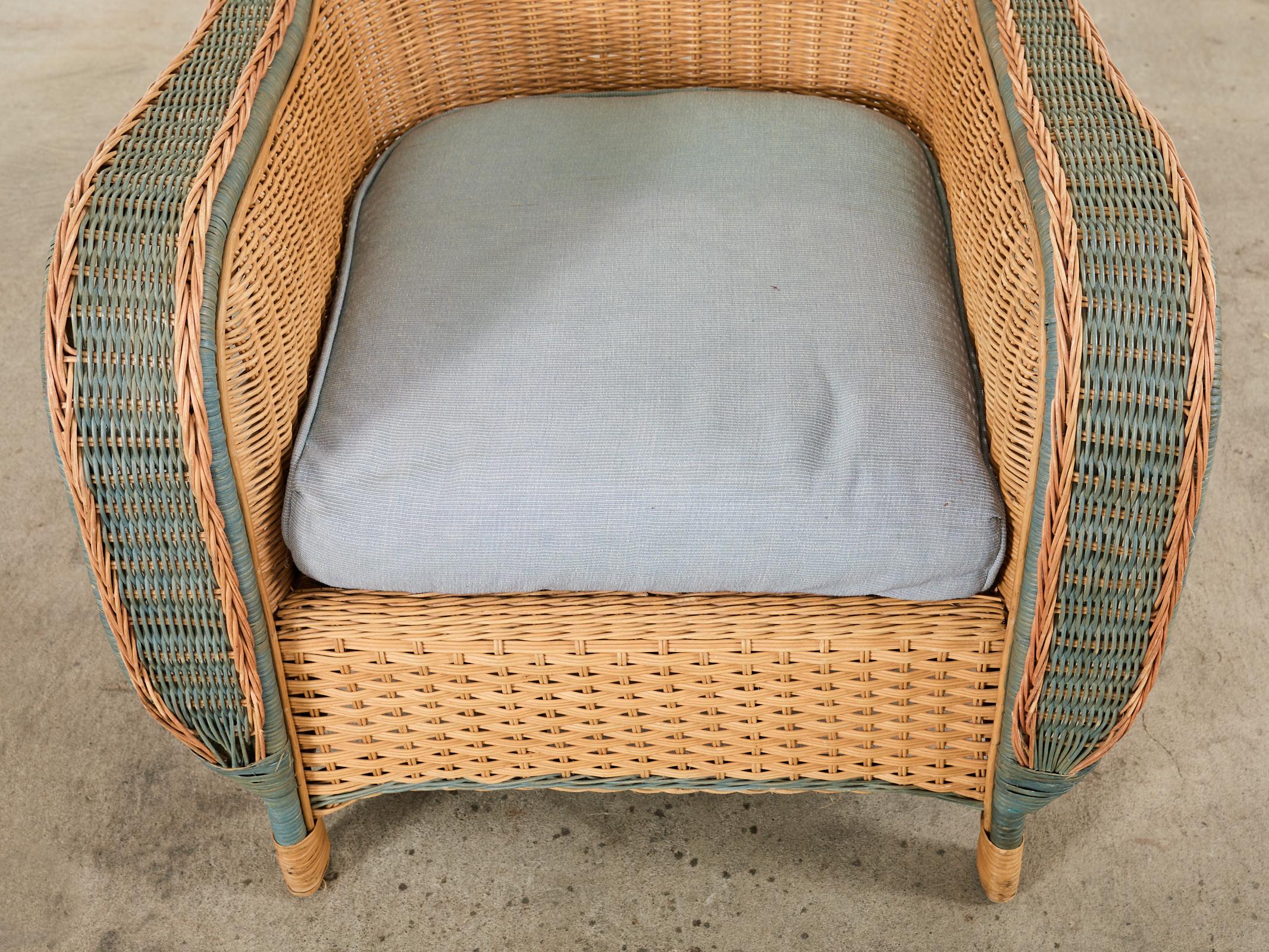 Fabric French Grange Style Rattan Wicker Lounge Chair and Ottoman For Sale