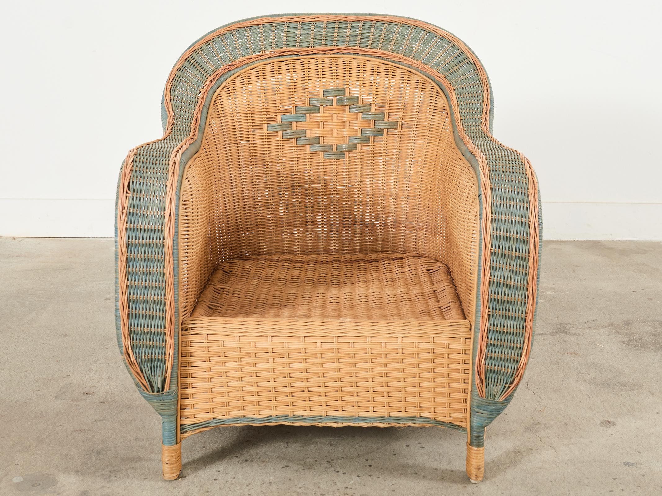 French Grange Style Rattan Wicker Lounge Chair and Ottoman For Sale 2
