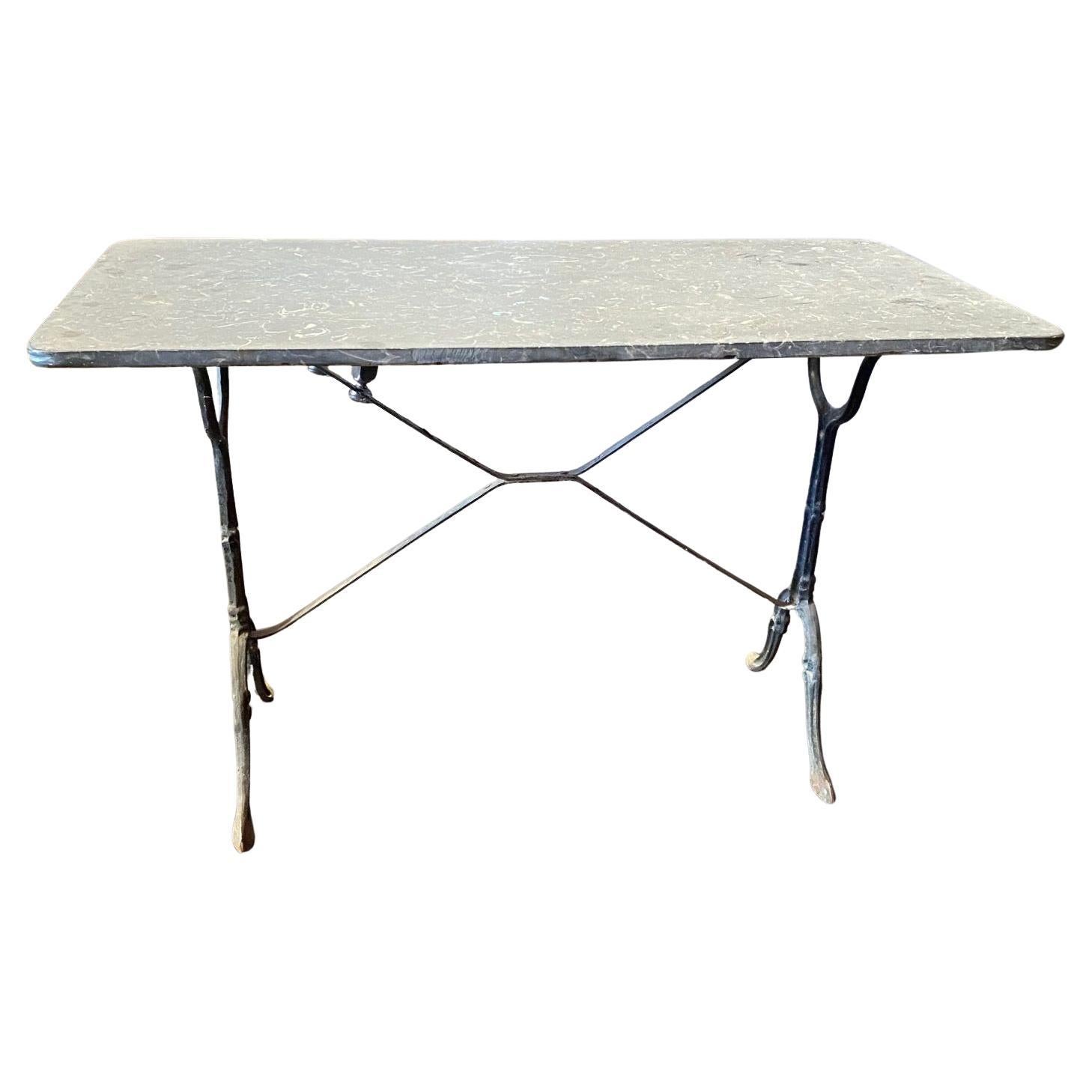 French Gray Marble Top Cafe Table with Classic Provincial Metal Base For Sale