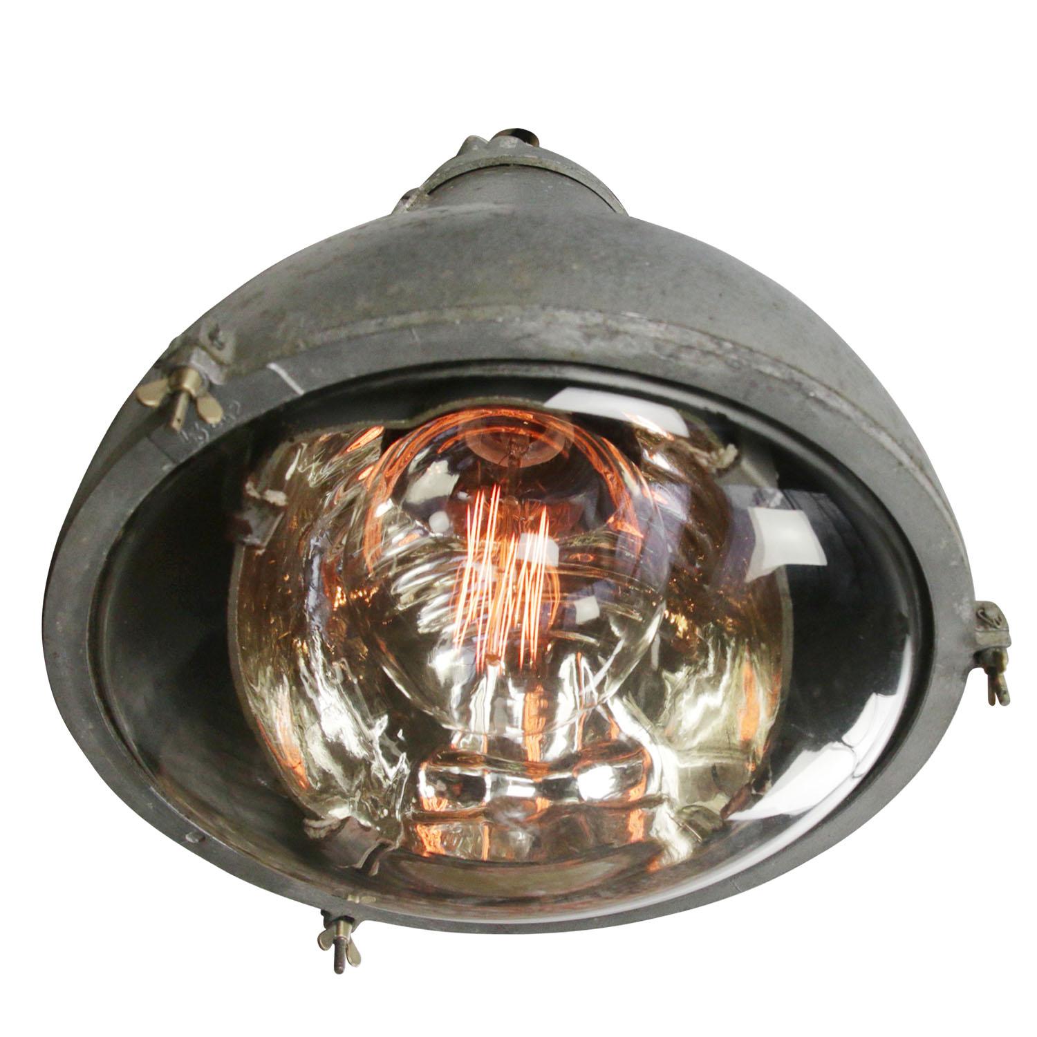 20th Century French Gray Metal Round Clear Glass Vintage Industrial Pendant Light
