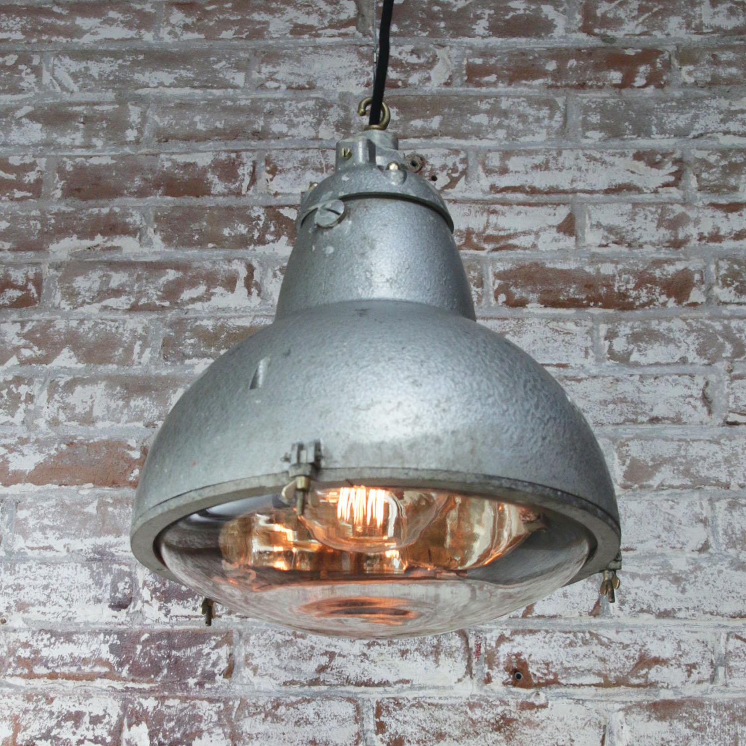 French Gray Metal Round Clear Glass Vintage Industrial Pendant Light 2