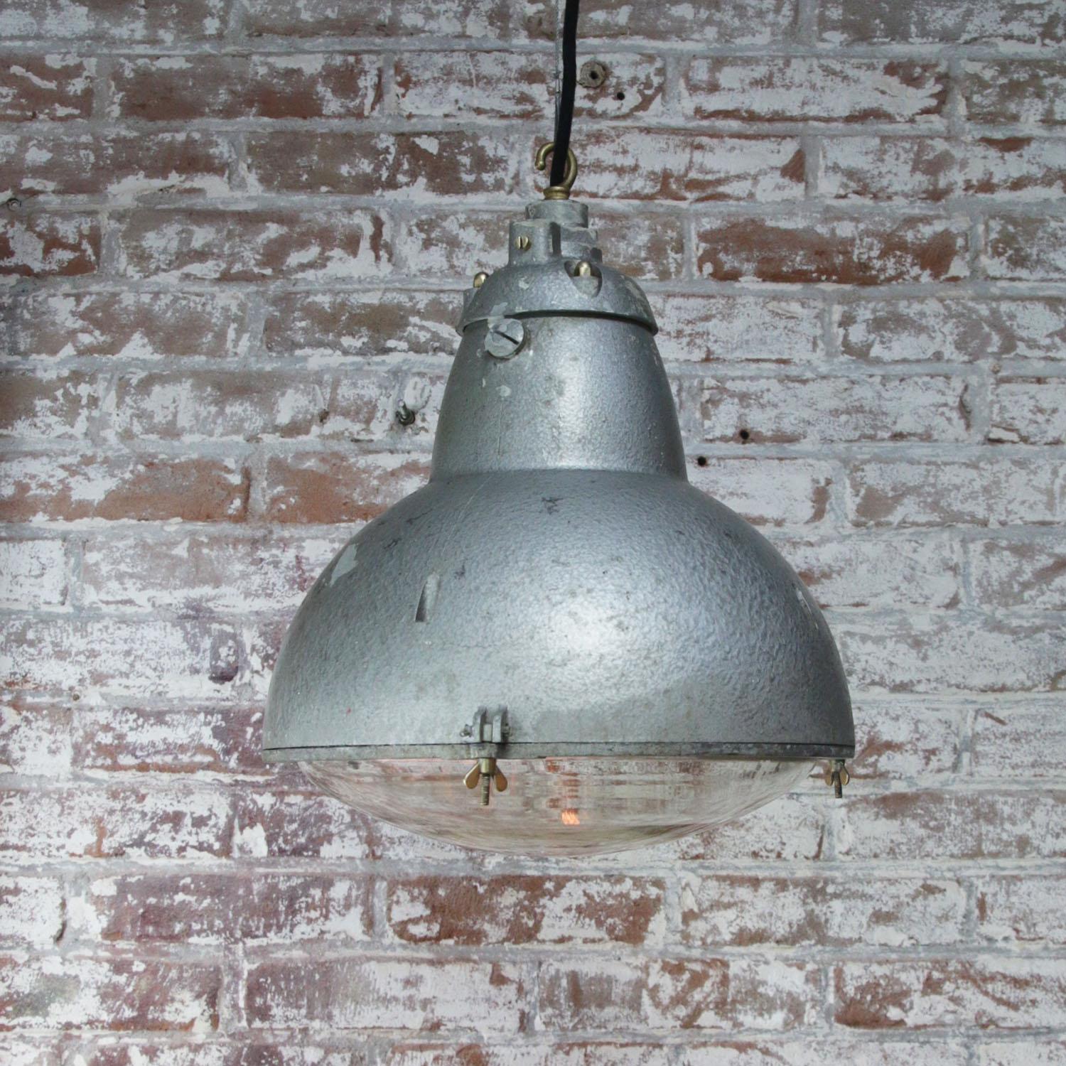 French Gray Metal Round Clear Glass Vintage Industrial Pendant Light 3
