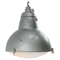 French Gray Metal Round Clear Glass Vintage Industrial Pendant Light