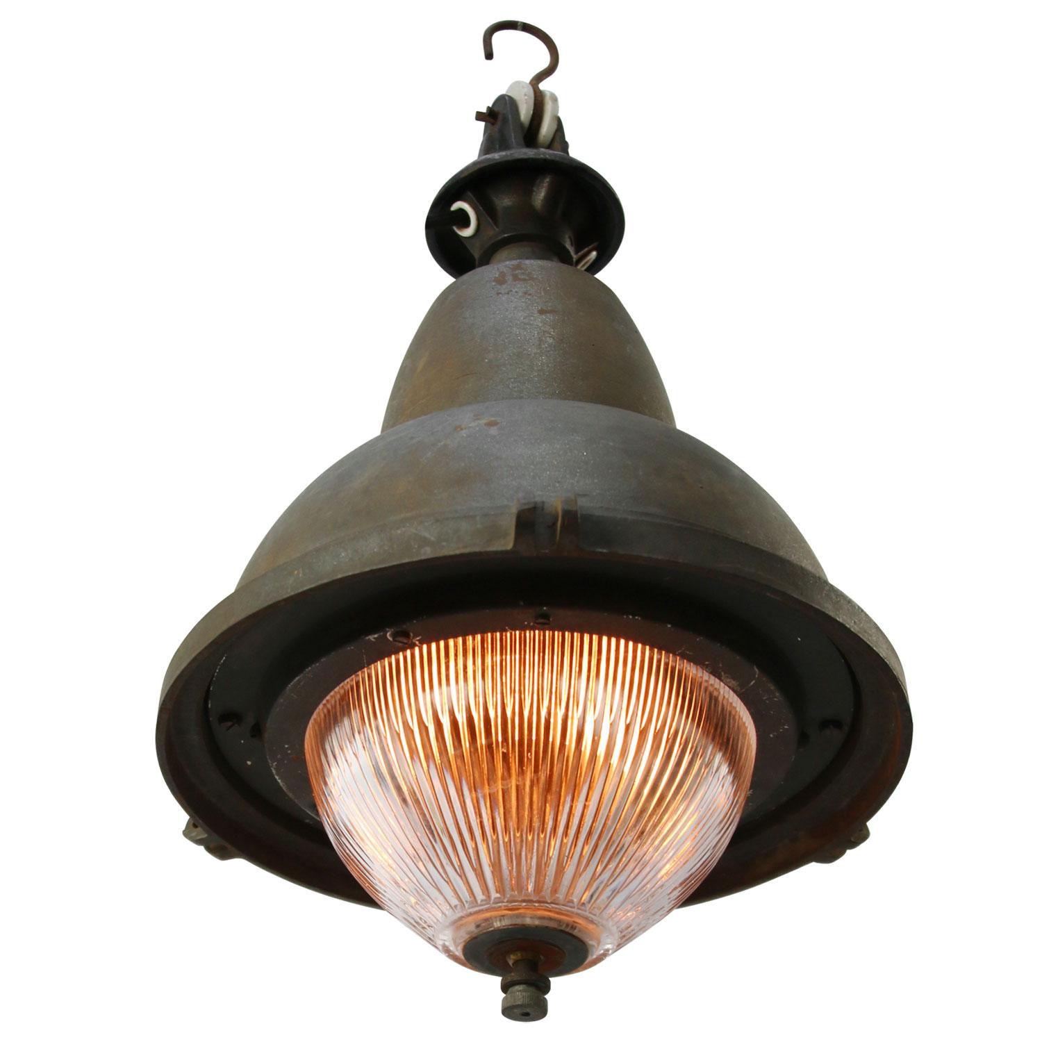 Cast French Gray Vintage Industrial Iron Round Holophane Glass Pendant Light