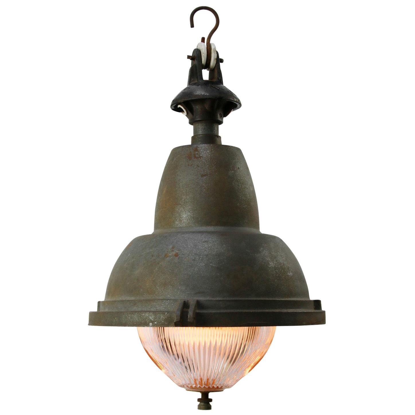 French Gray Vintage Industrial Iron Round Holophane Glass Pendant Light