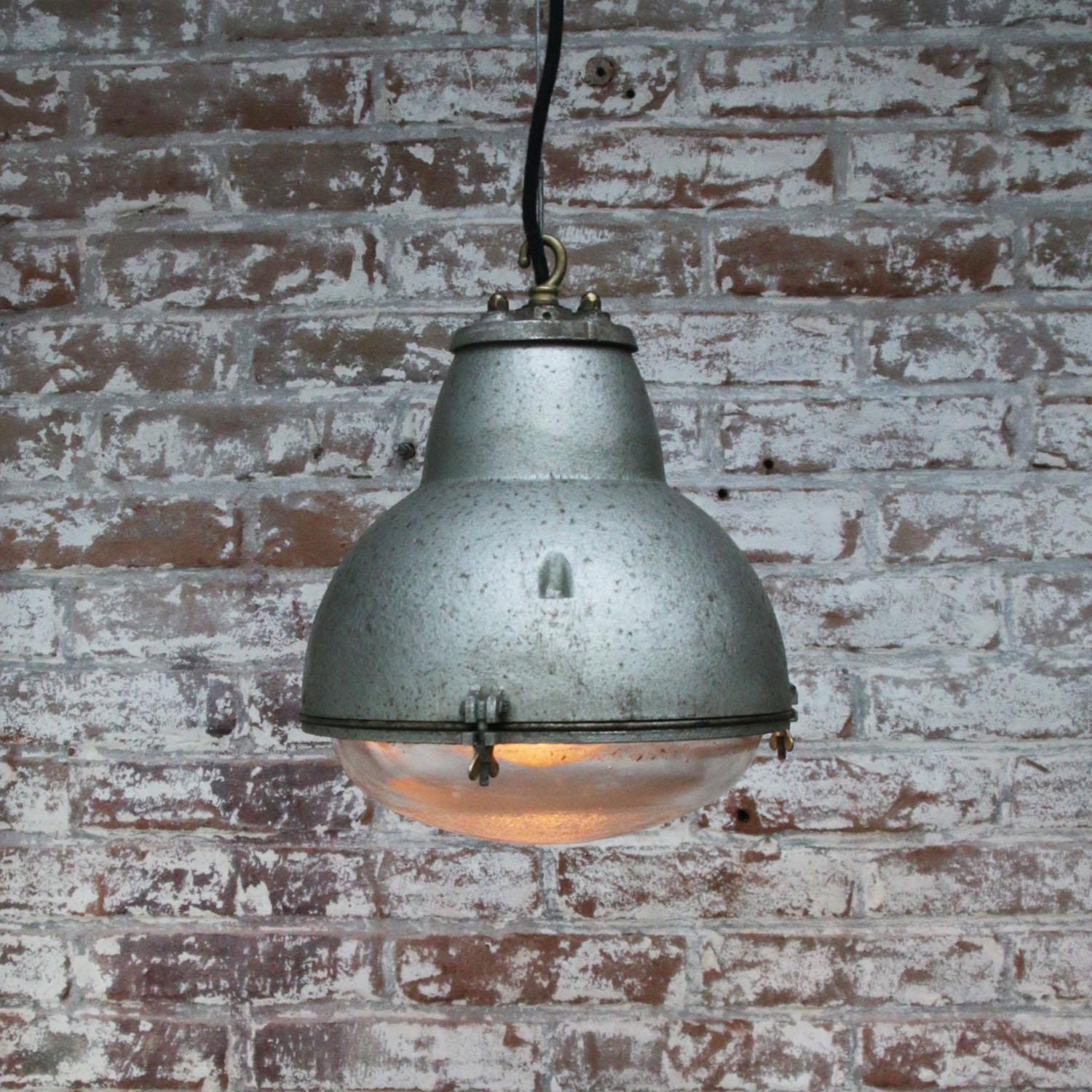 Metal French Grey Vintage Industrial Round Clear Mercury Glass Pendant Light For Sale