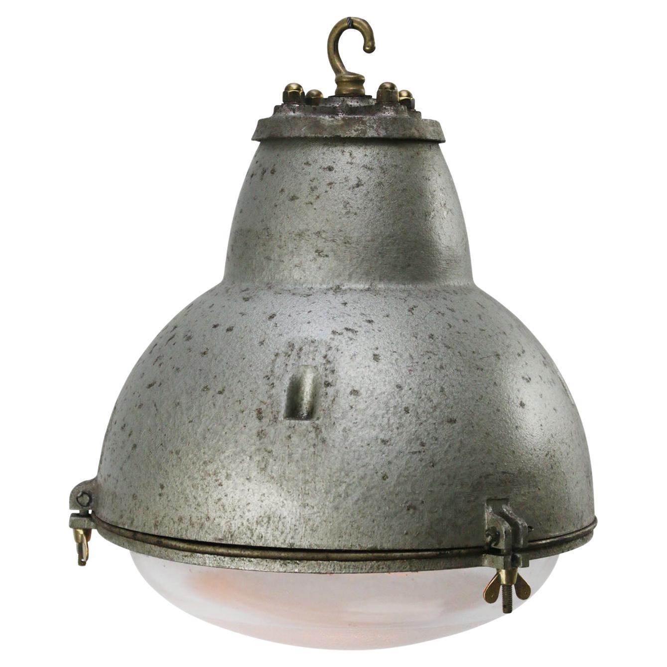 French Grey Vintage Industrial Round Clear Mercury Glass Pendant Light For Sale