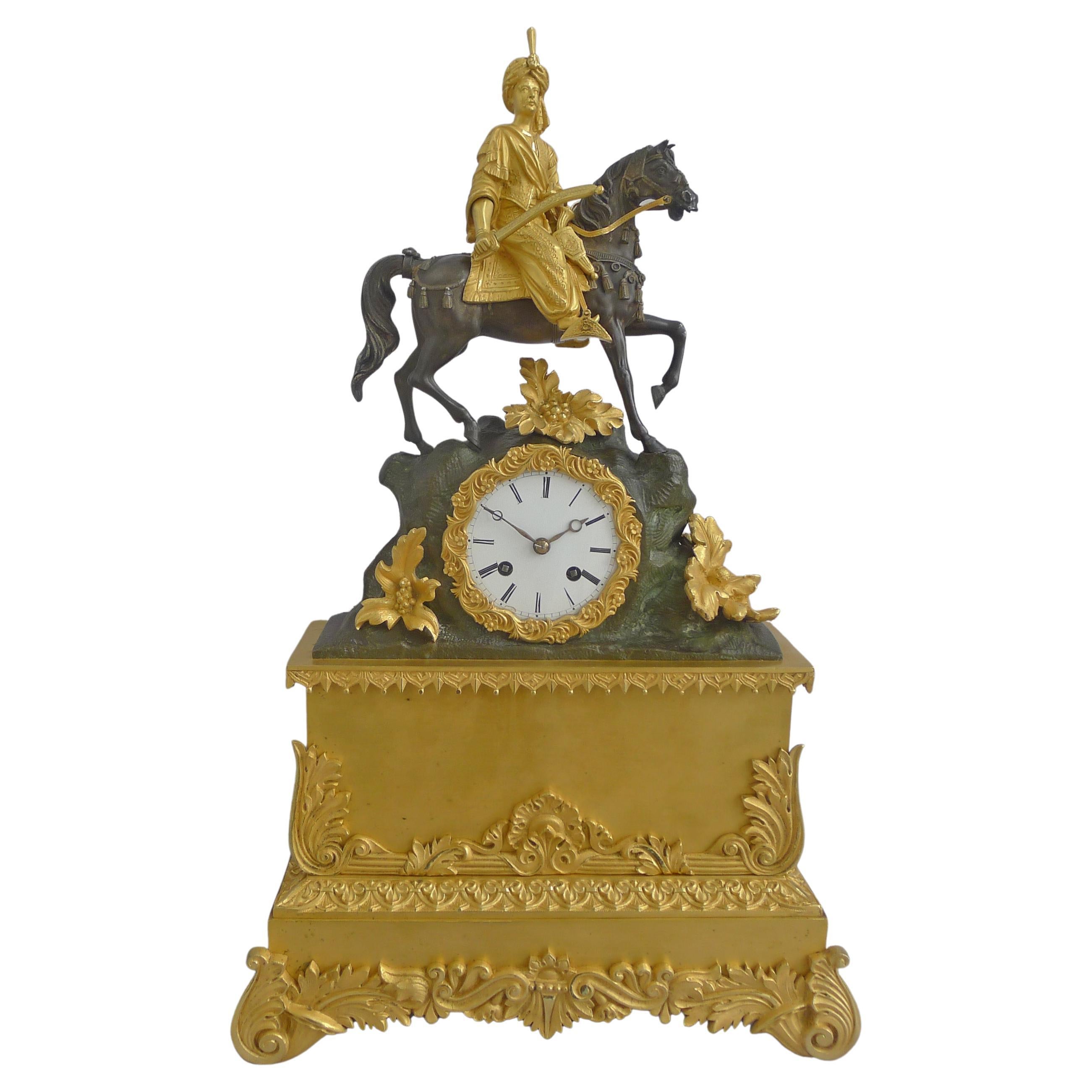 French, Greek Revolution or Hellenistic Mantel Clock of Turk on Horseback For Sale