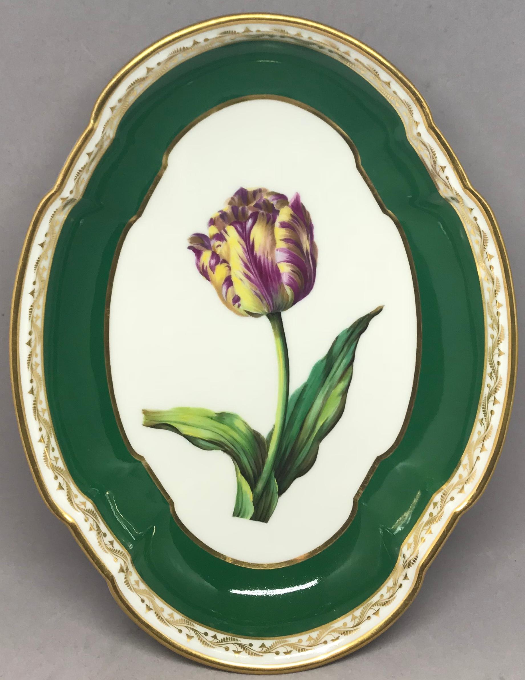 Purple and green gilt porcelain tulip bowl. Nast manufacture hard paste French porcelain serving dish with botanical painted tulip specimen identified on the reverse with strong viridian green glaze interior border and Fine gilt filigree border. Red