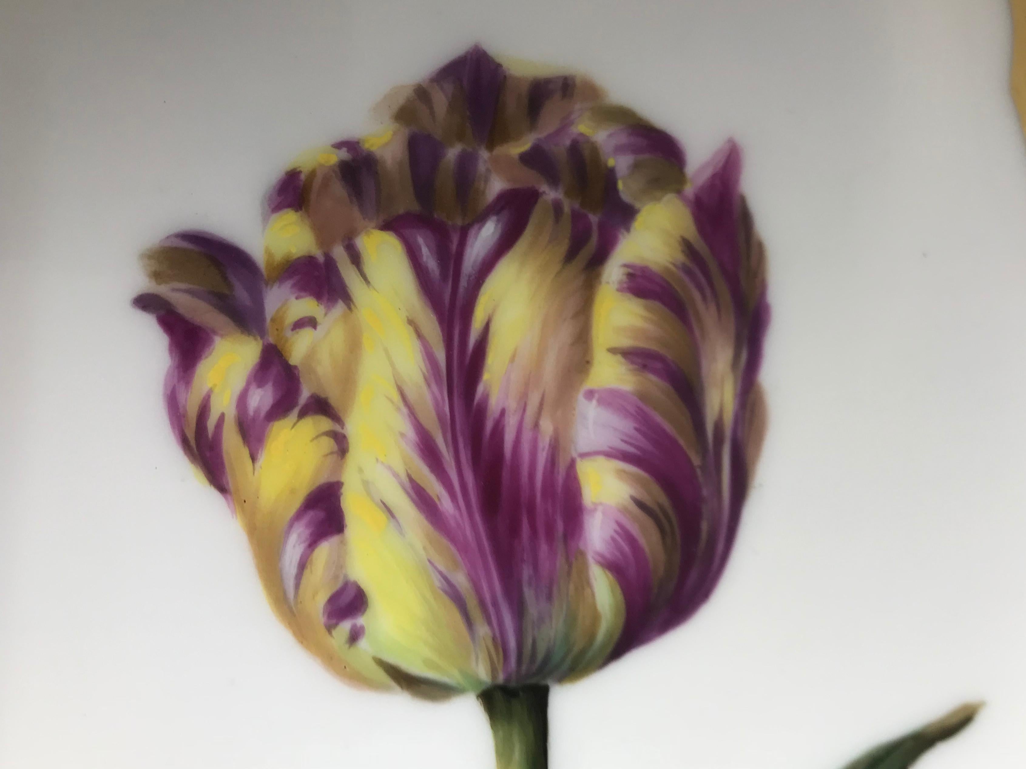 Hand-Painted Purple and Green Gilt Porcelain Tulip Bowl For Sale