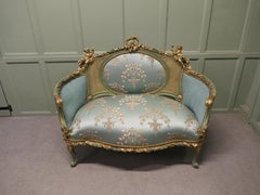 French Green and Gold Boudoir Settee, Silk Love Seat A Stunning French Sofa