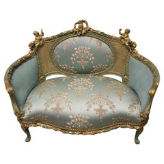 French Green and Gold Boudoir Settee, Silk Love Seat A Stunning French Sofa