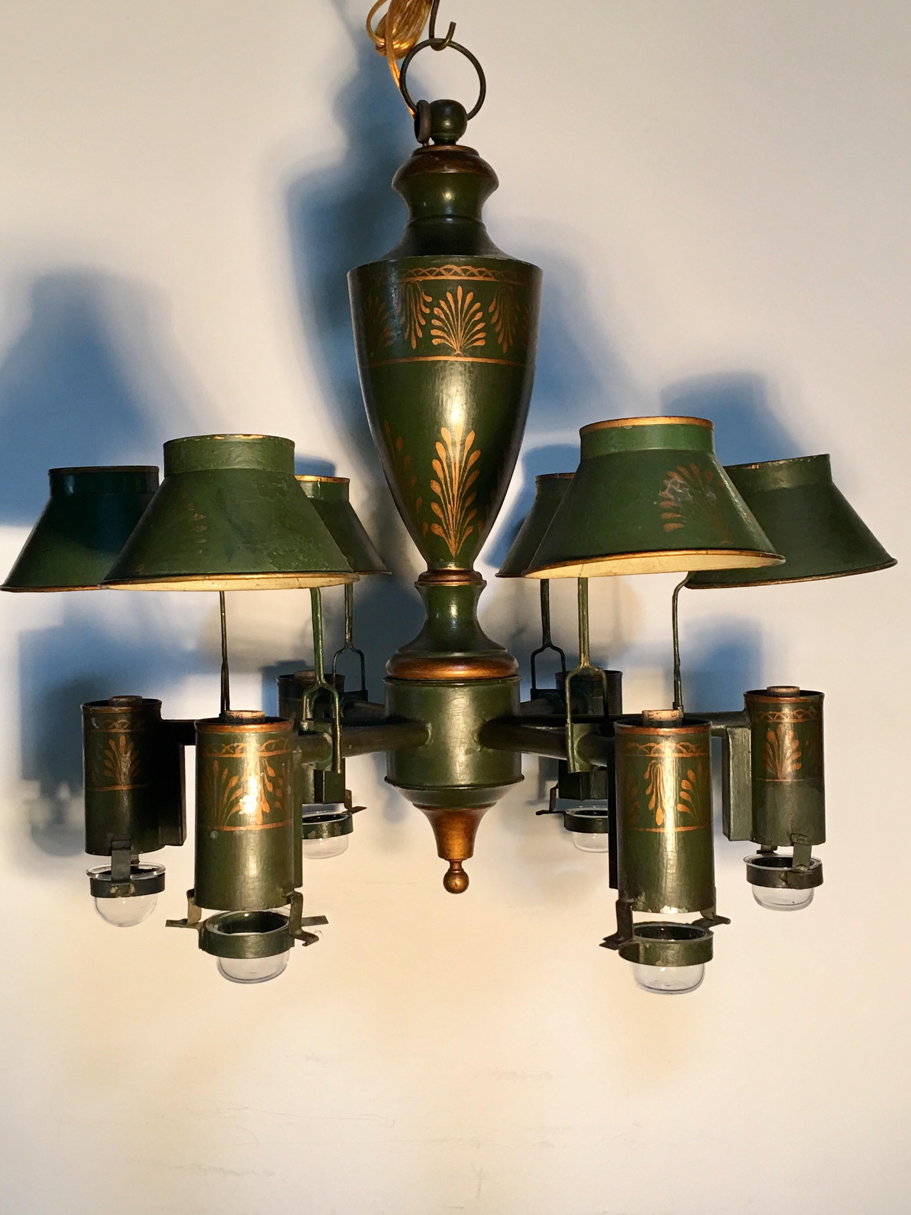 French green and gold painted tole chandelier.