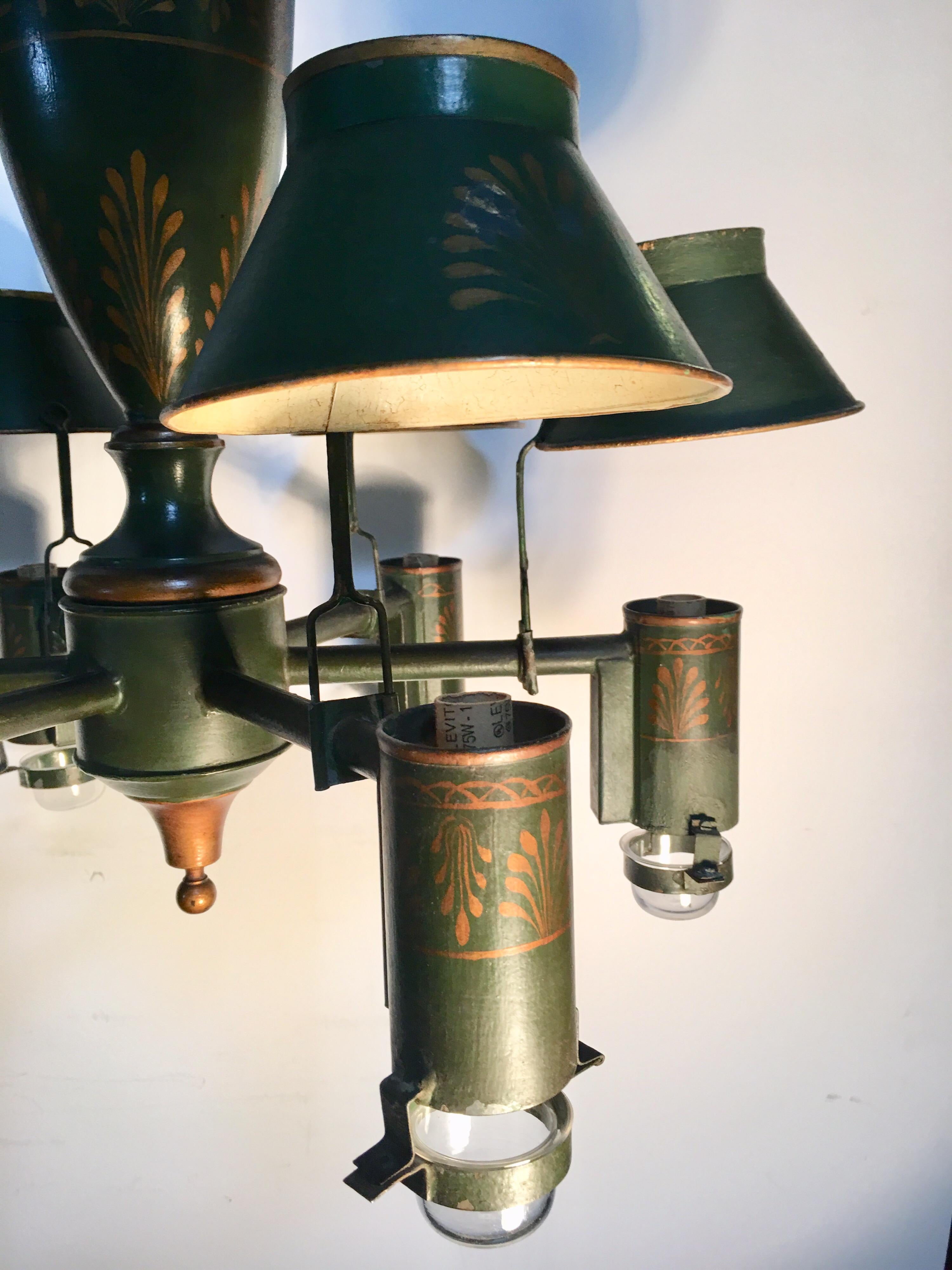 20th Century French Green and Gold Tole Chandelier