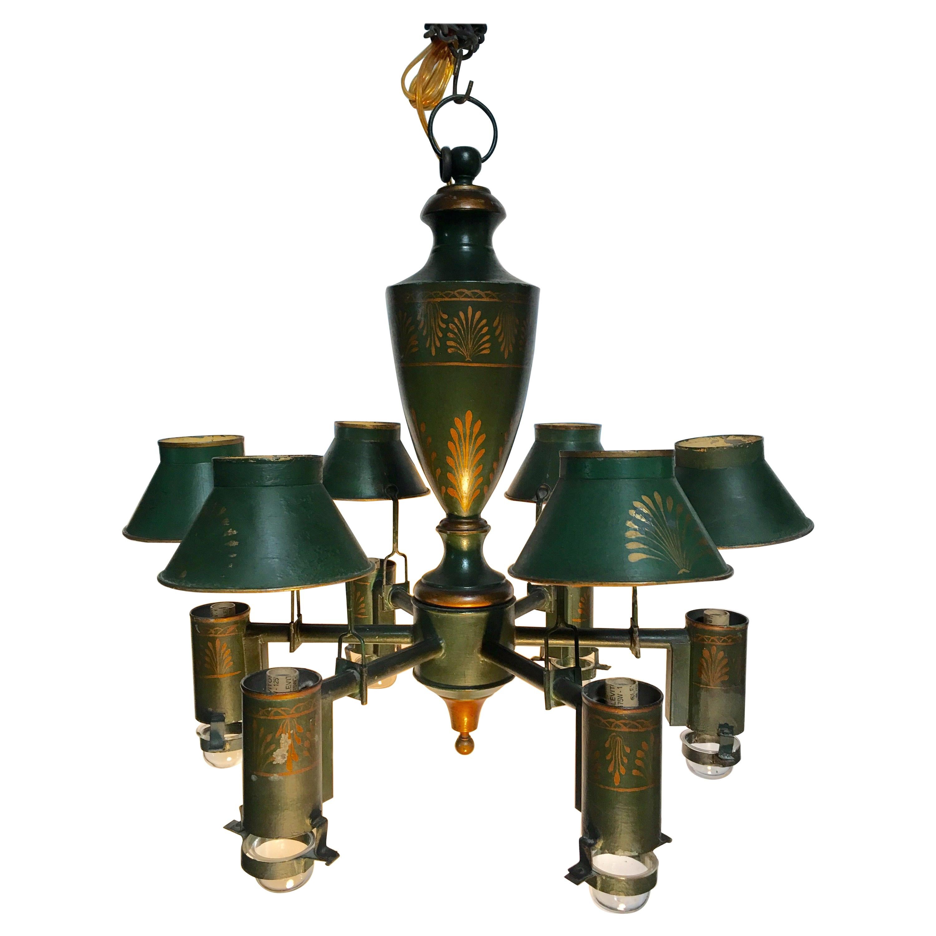 French Green and Gold Tole Chandelier