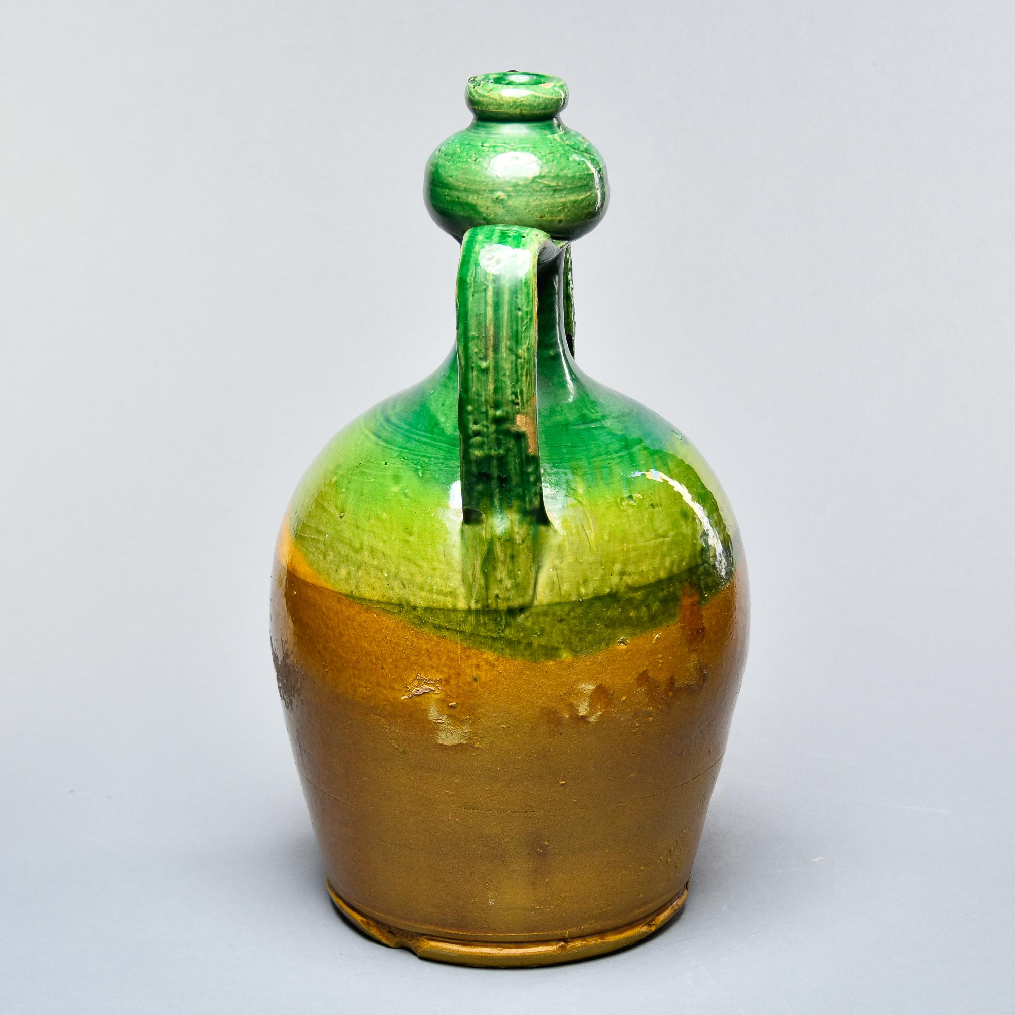 Glazed French Green and Mustard Two Handle Vase with Narrow Neck  For Sale