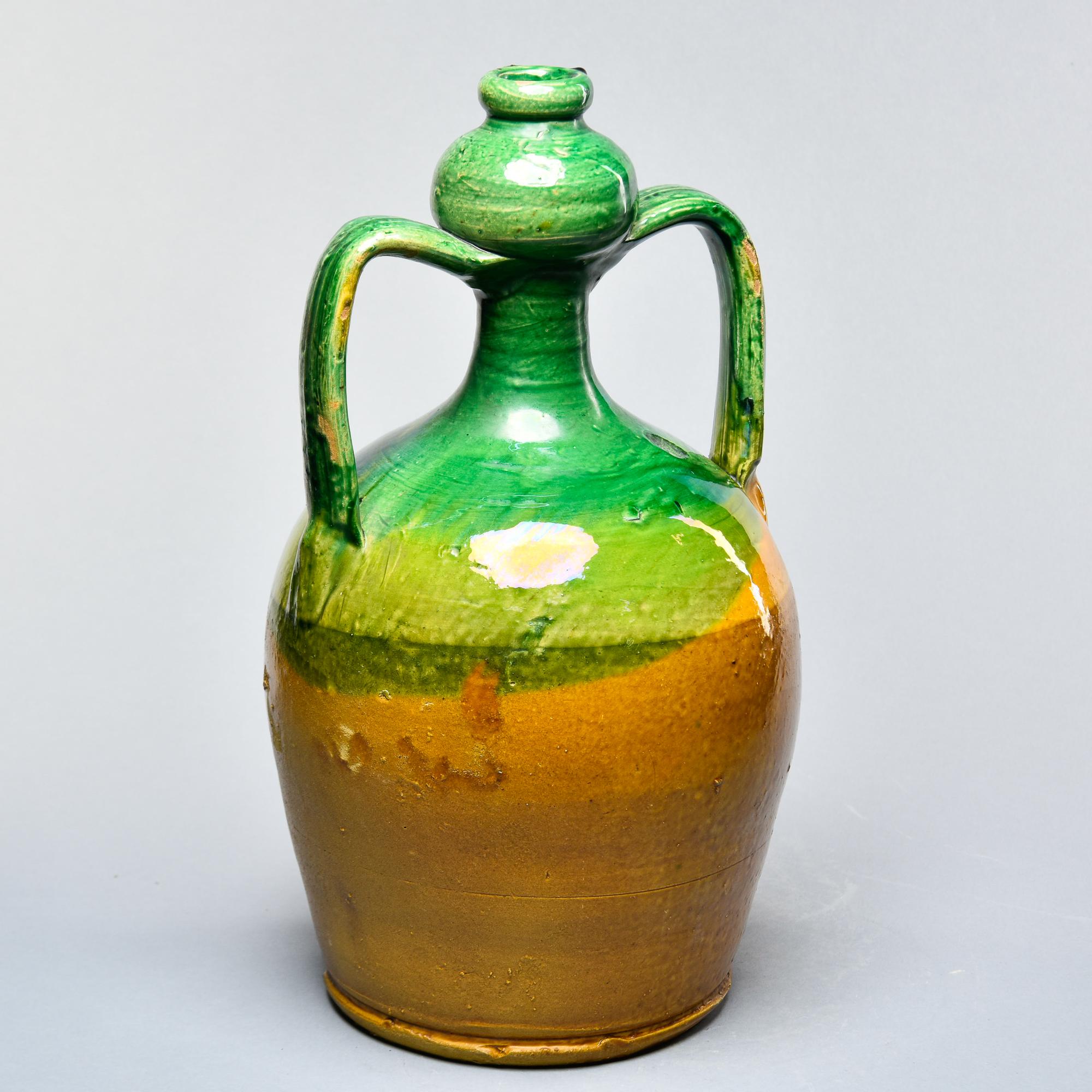20th Century French Green and Mustard Two Handle Vase with Narrow Neck  For Sale