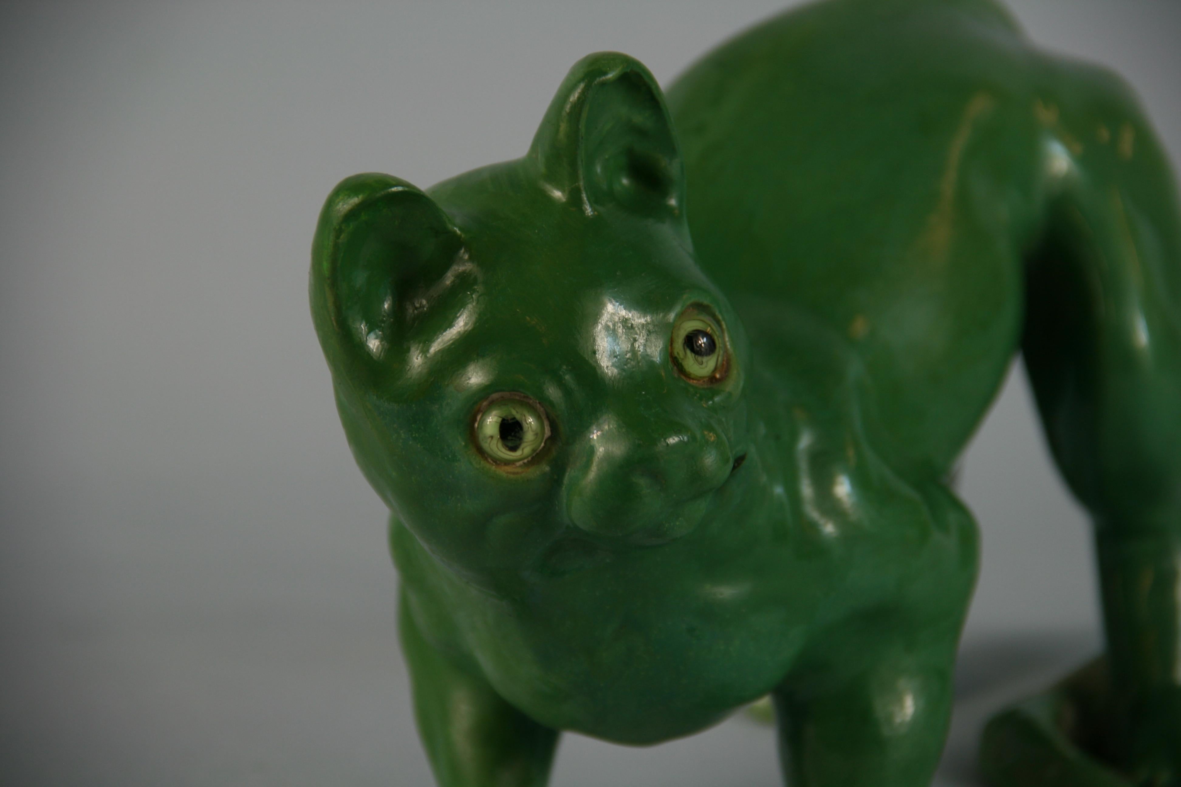 French Green Cat Ceramic Sculpture In Good Condition In Douglas Manor, NY