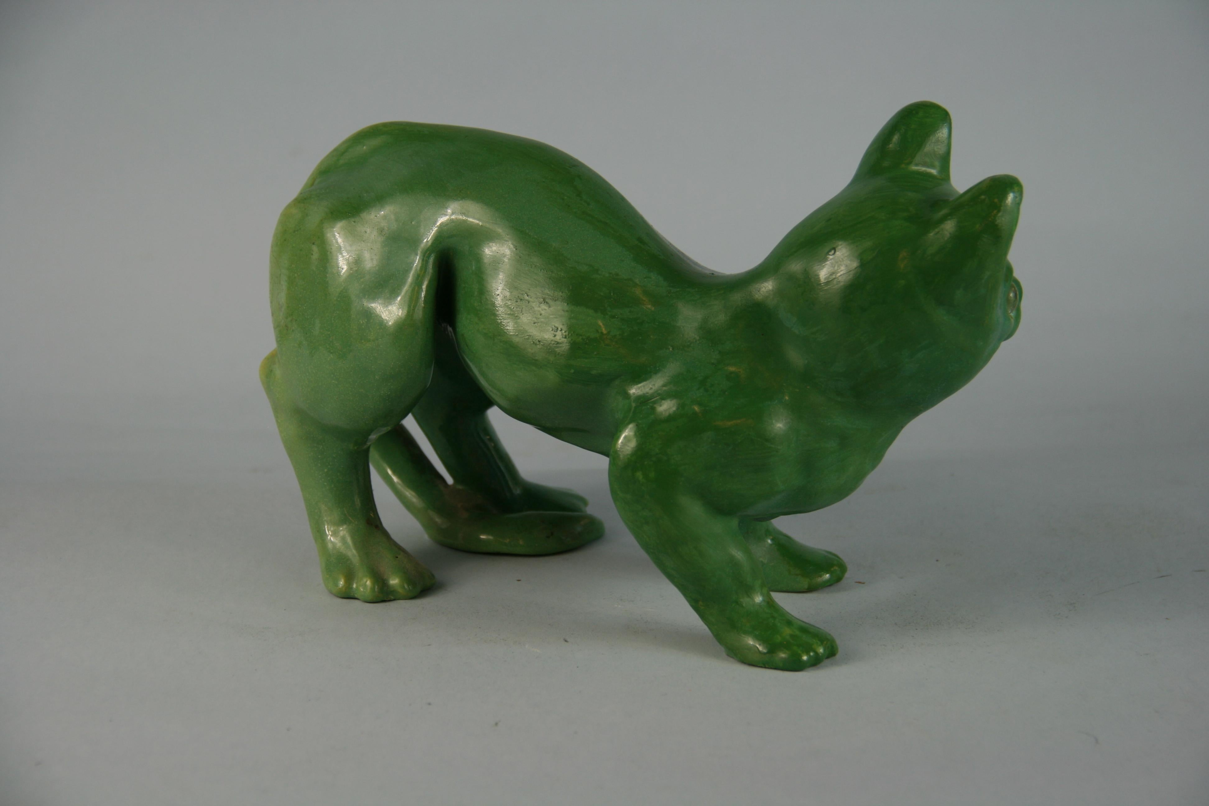 French Green Cat Ceramic Sculpture 1