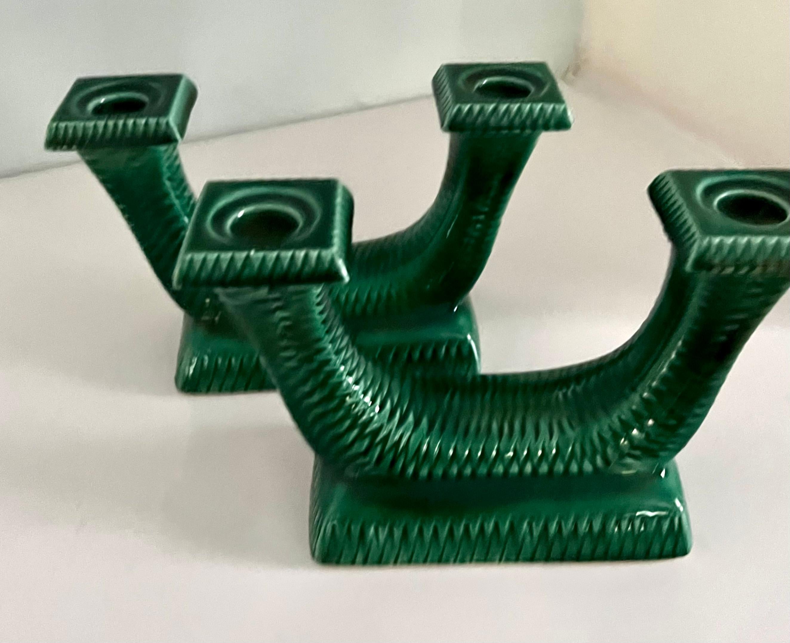 French Green Ceramic Candle Holders For Sale 6