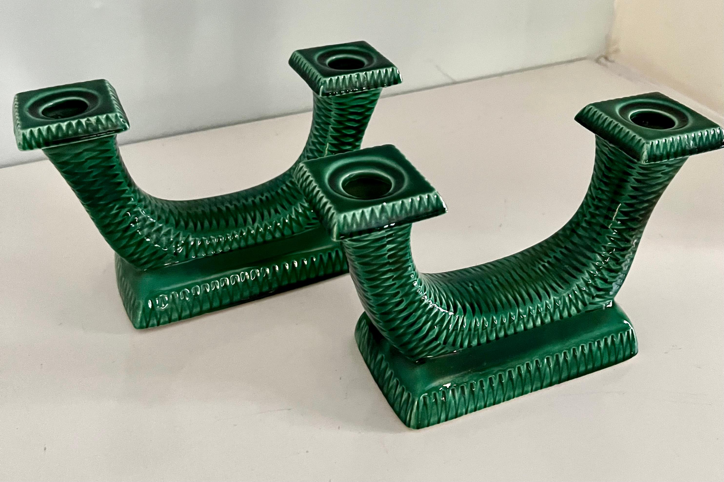 Mid-Century Modern French Green Ceramic Candle Holders For Sale