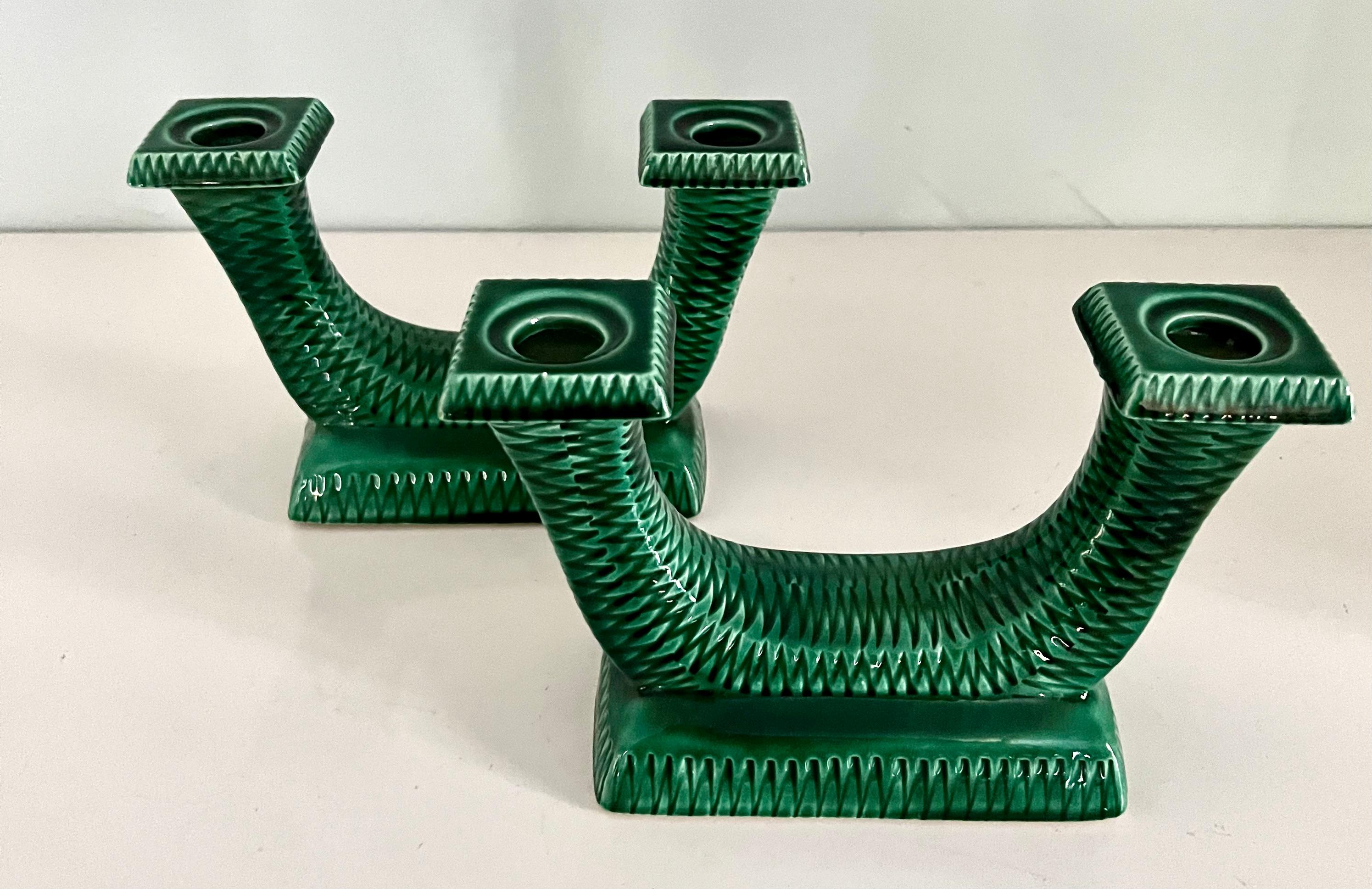 French Green Ceramic Candle Holders In Good Condition For Sale In Los Angeles, CA