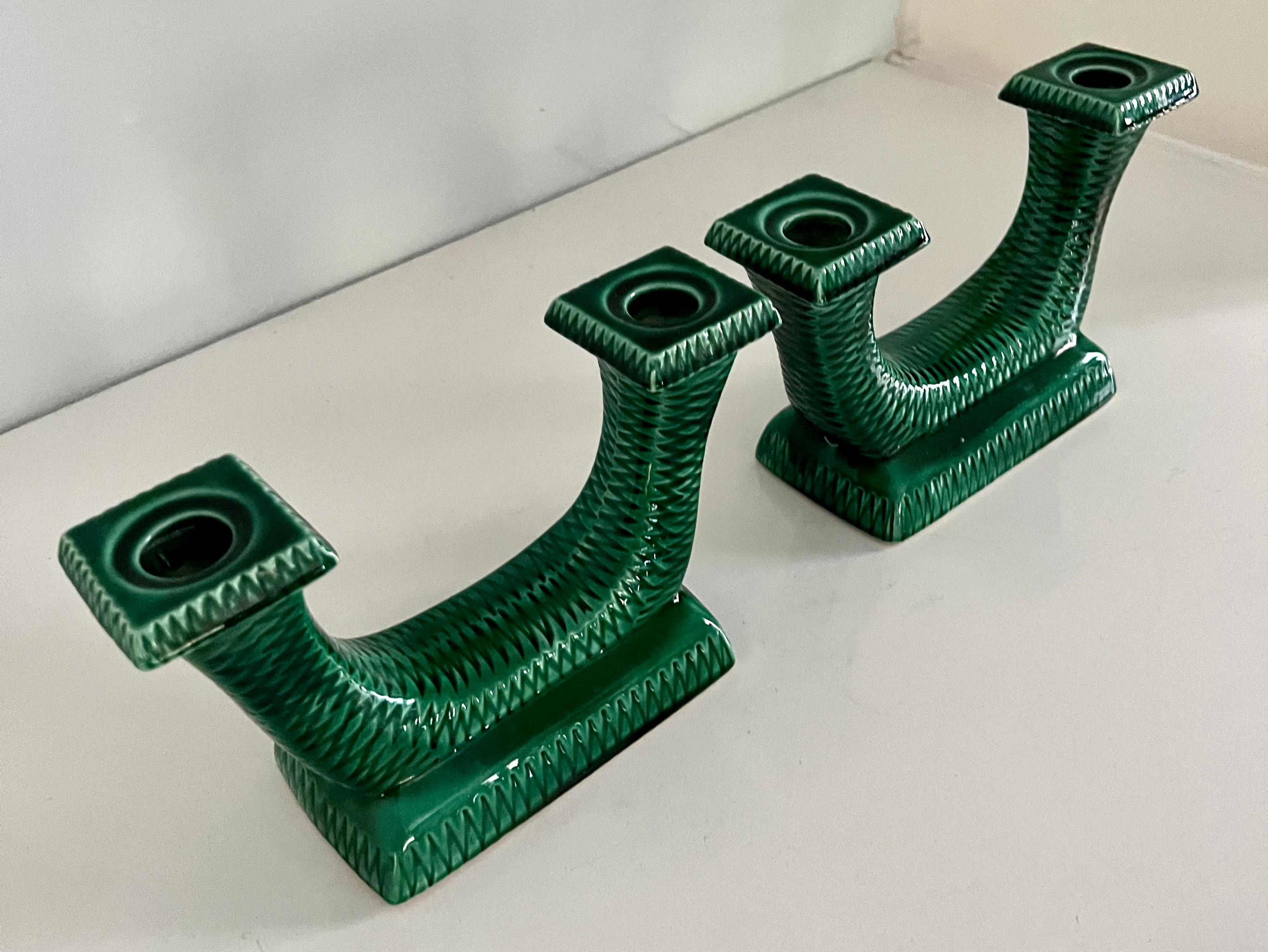 20th Century French Green Ceramic Candle Holders For Sale