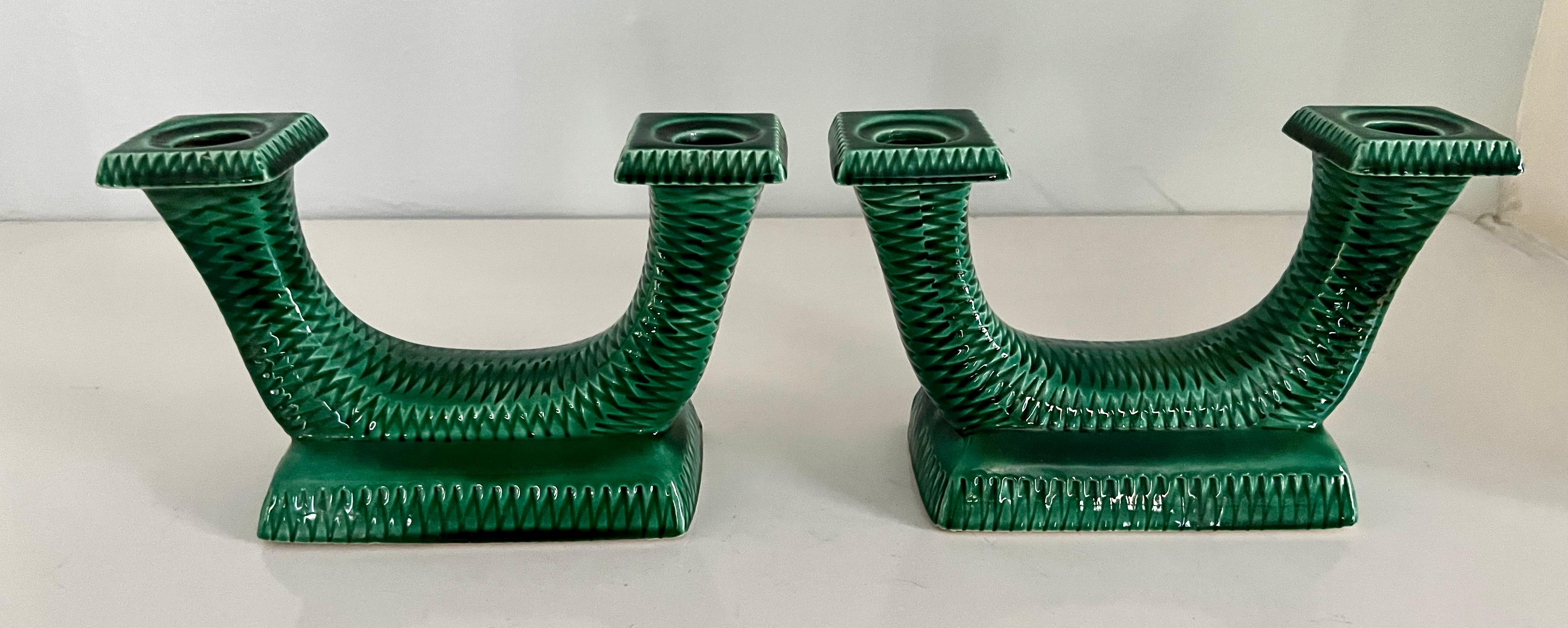 French Green Ceramic Candle Holders For Sale 1