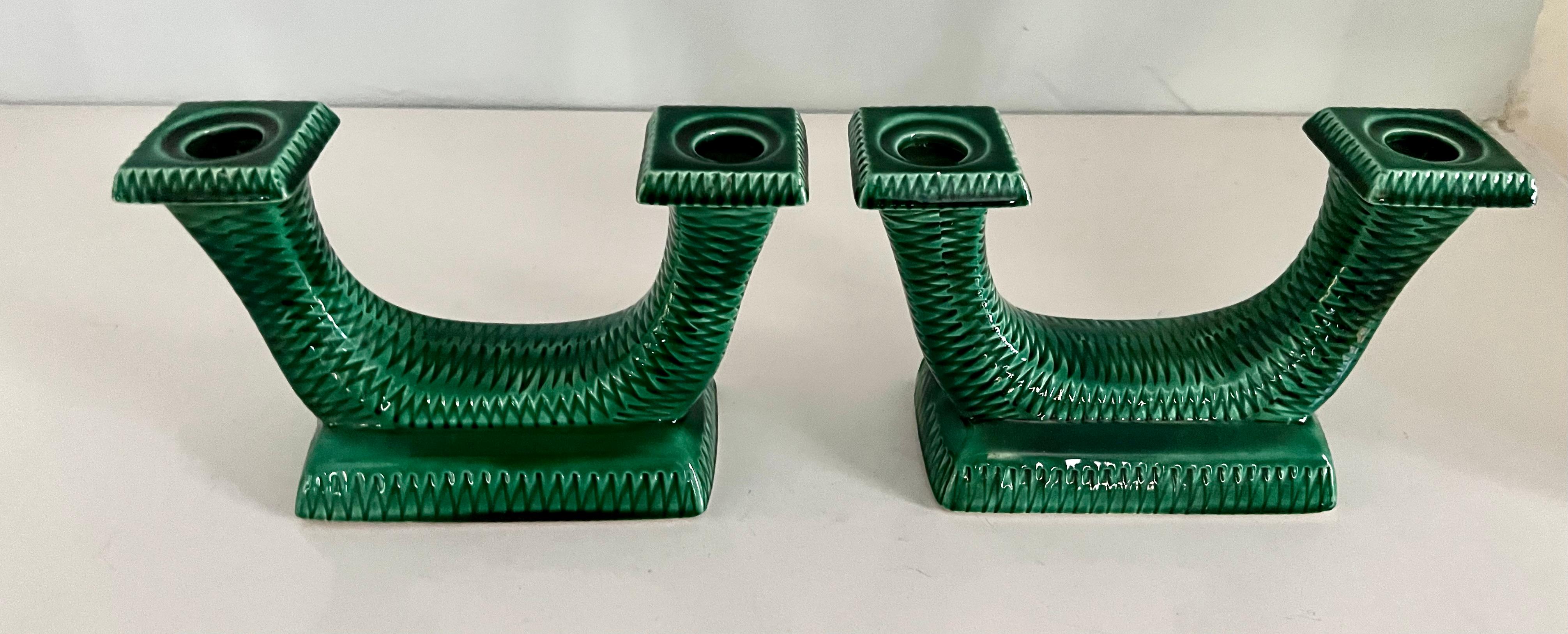 French Green Ceramic Candle Holders For Sale 2