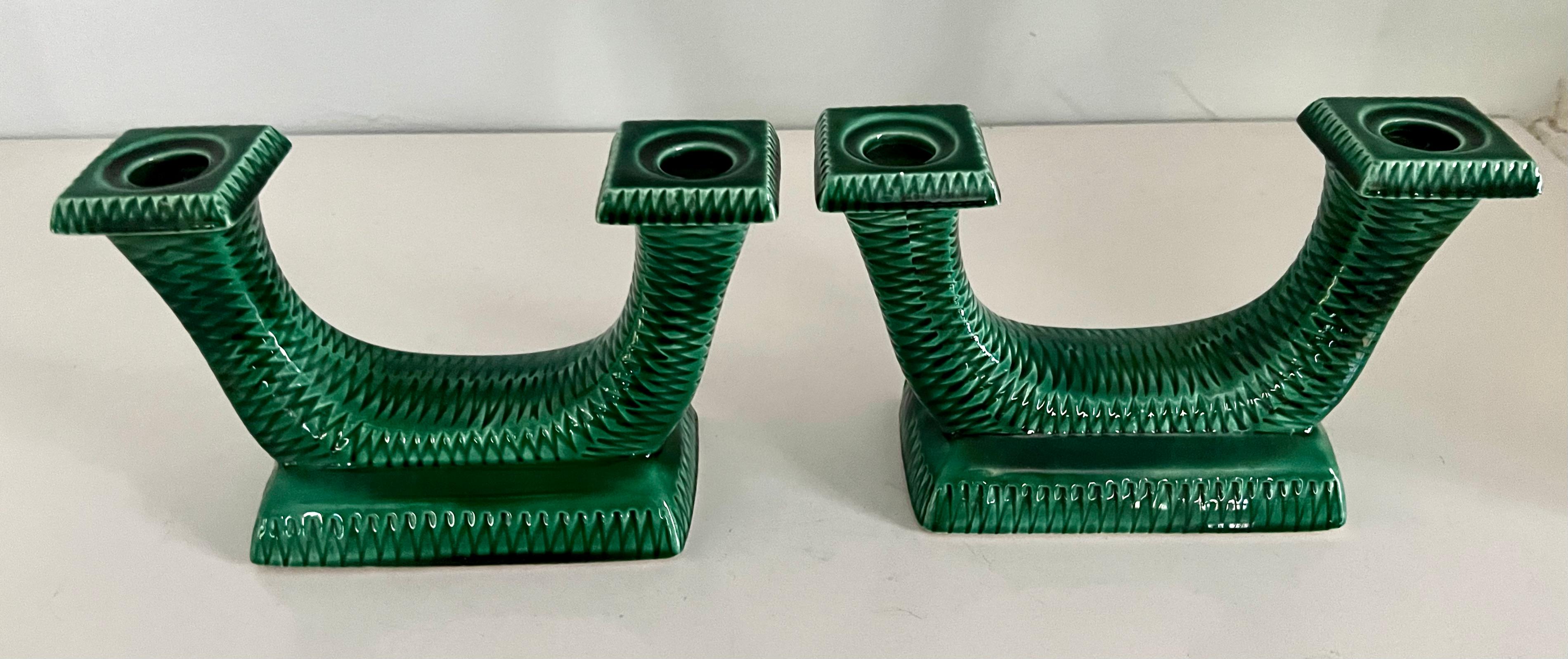 French Green Ceramic Candle Holders For Sale 3